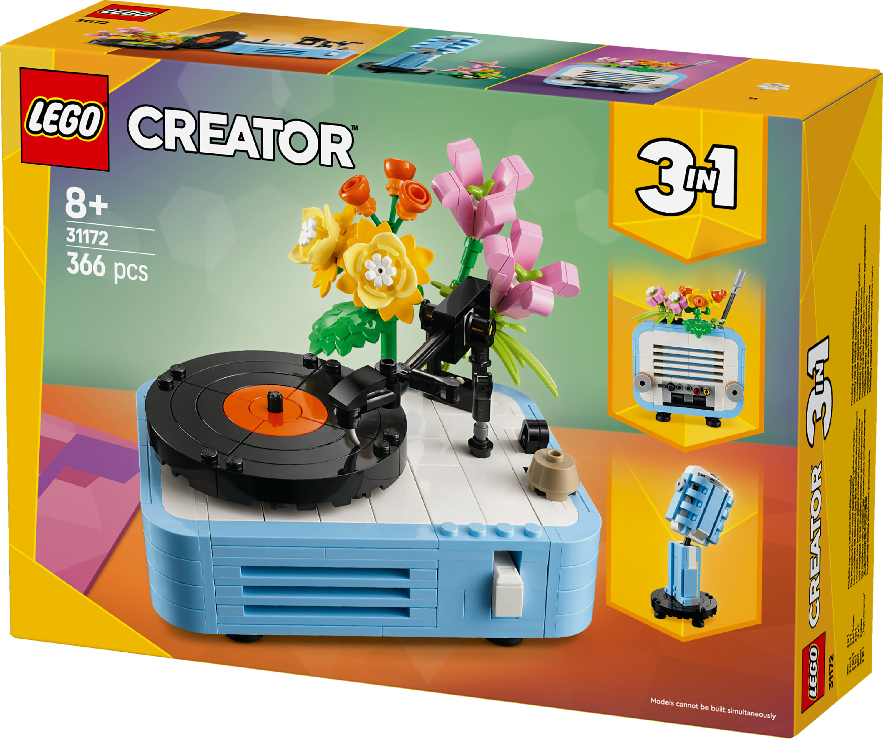 LEGO Creator 3'ü 1 arada set kutusu. Çiçekli pikap ve diğer yapılabilir modelleri içerir.