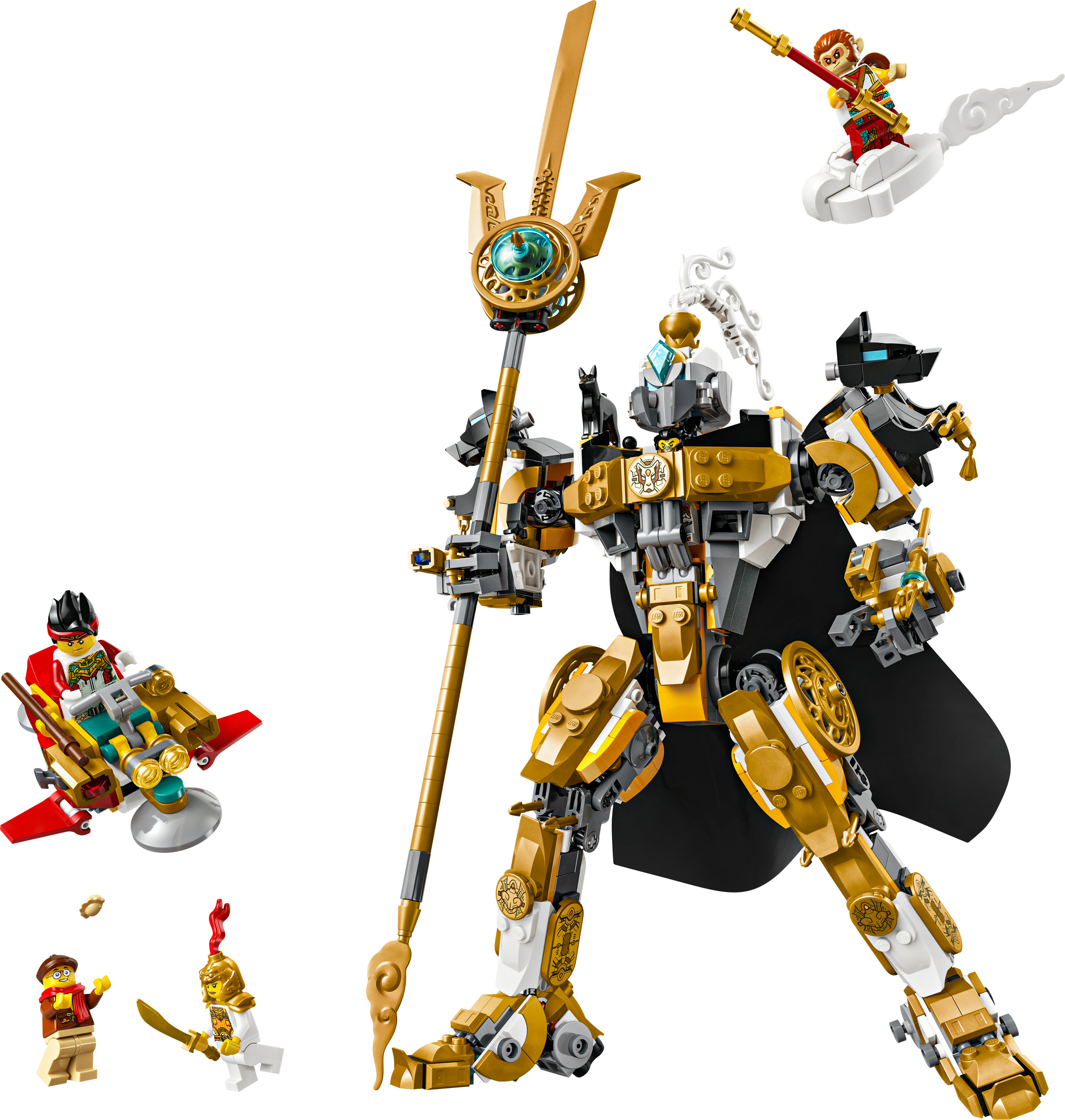Un ensemble Lego représente un grand mécha doré avec des personnages secondaires sur fond blanc. Comprend un singe volant et d'autres figurines.