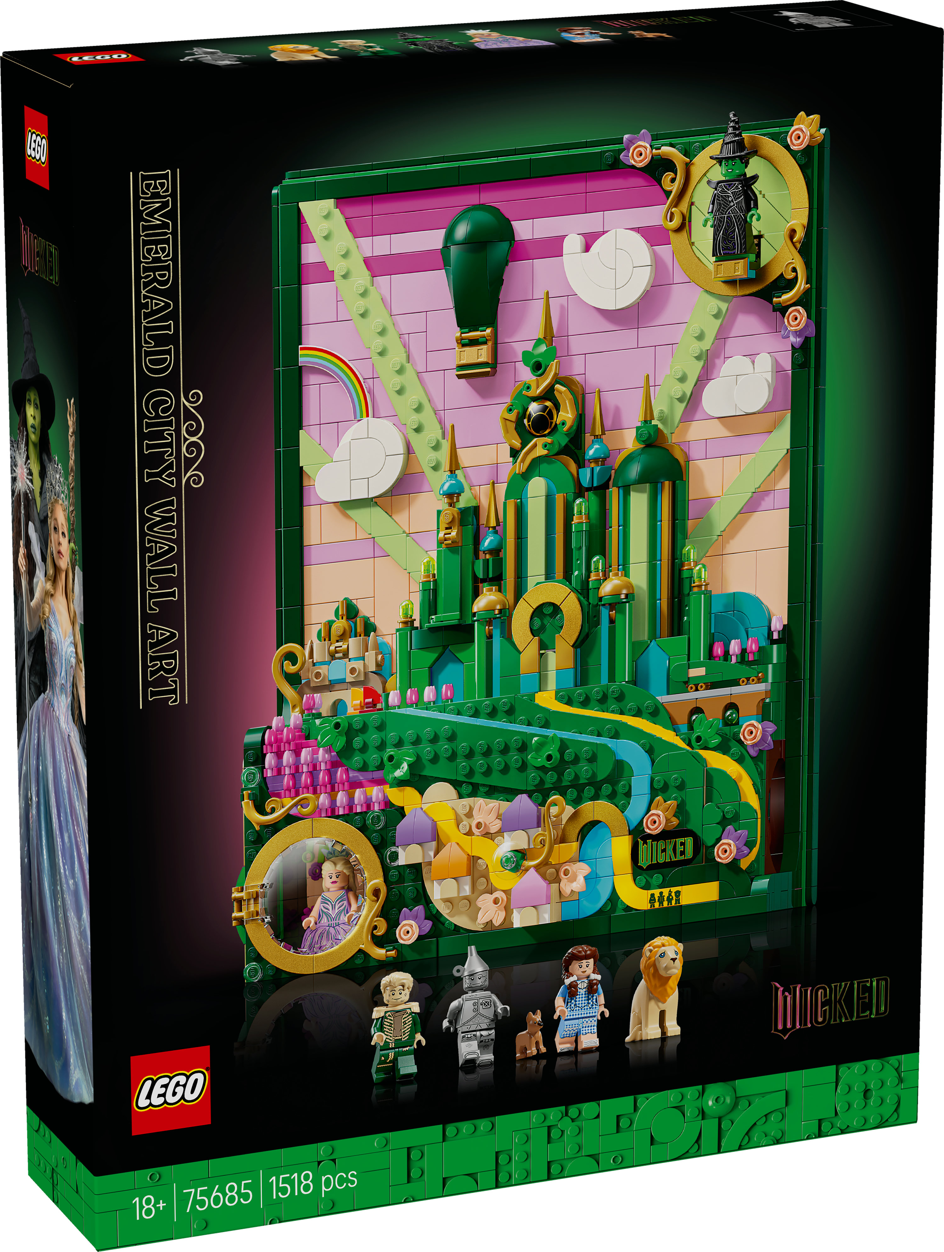 Pudełko zestawu Lego Emerald City Wall Art. Pokazuje budowlę Lego Szmaragdowego Miasta z Czarnoksiężnika z Oz, z postaciami.
