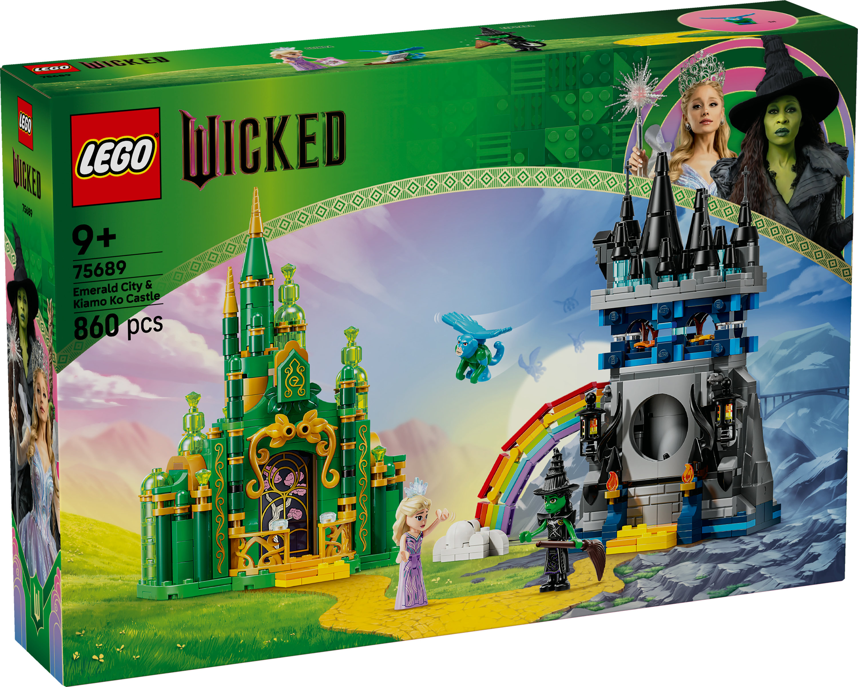 Grafika pudełka Lego Wicked. Zawiera Szmaragdowe Miasto, zamek, postacie i logo Wicked. Zestaw zabawek dla dzieci.