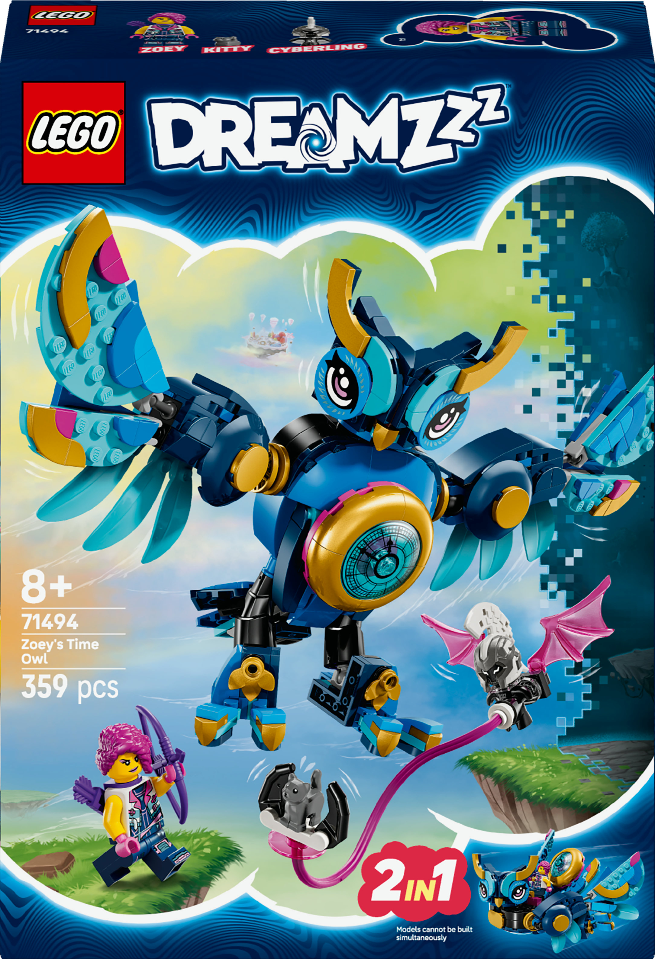 LEGO Dreamzzz setdoos. Toont een blauwe uilrobot met vleugels, een figuur met roze haar en een kat.