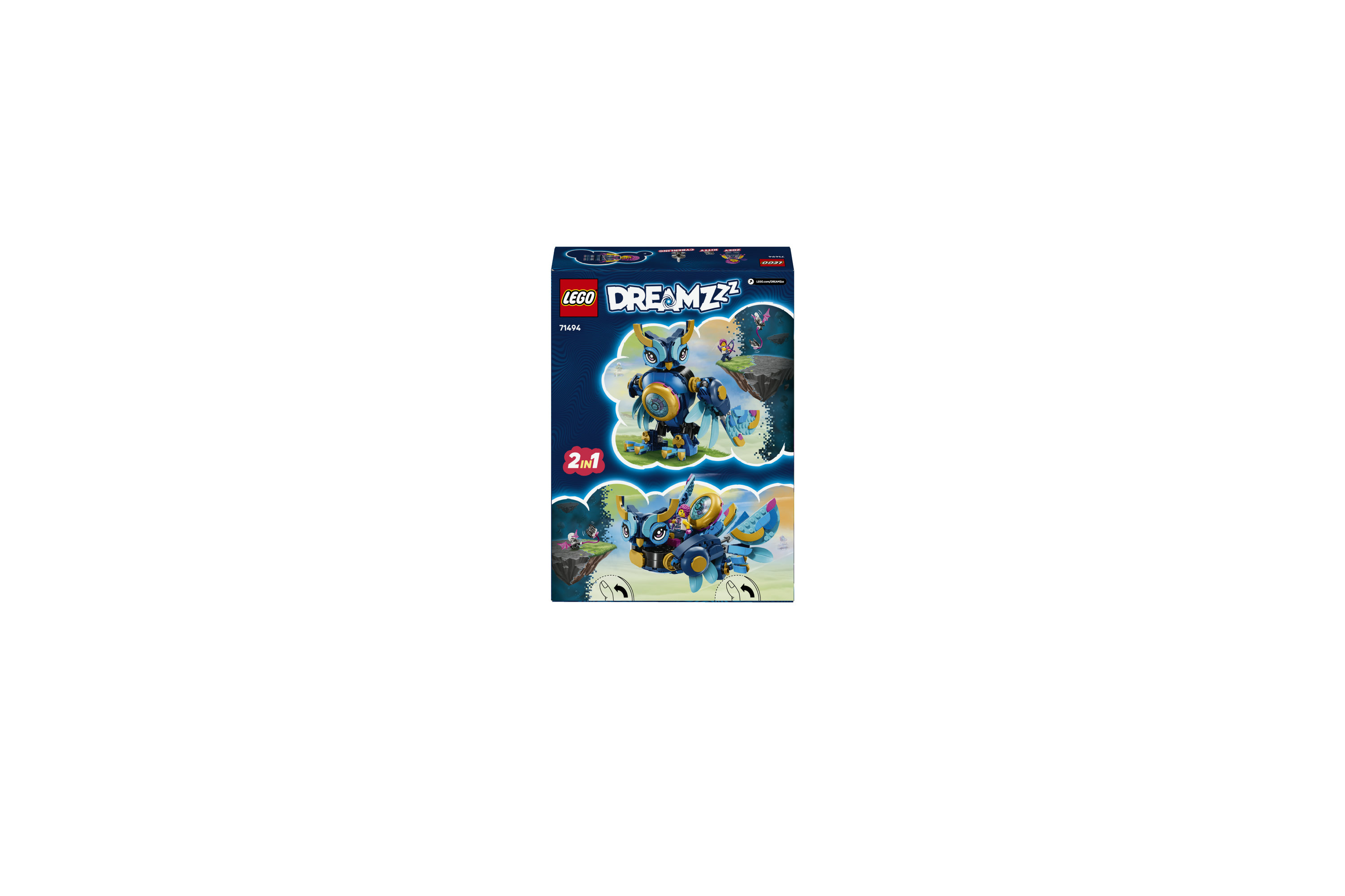 Een Lego Dreamzzz doos. Het toont een blauw uilachtig wezen en een robot. De achtergrond is wit.