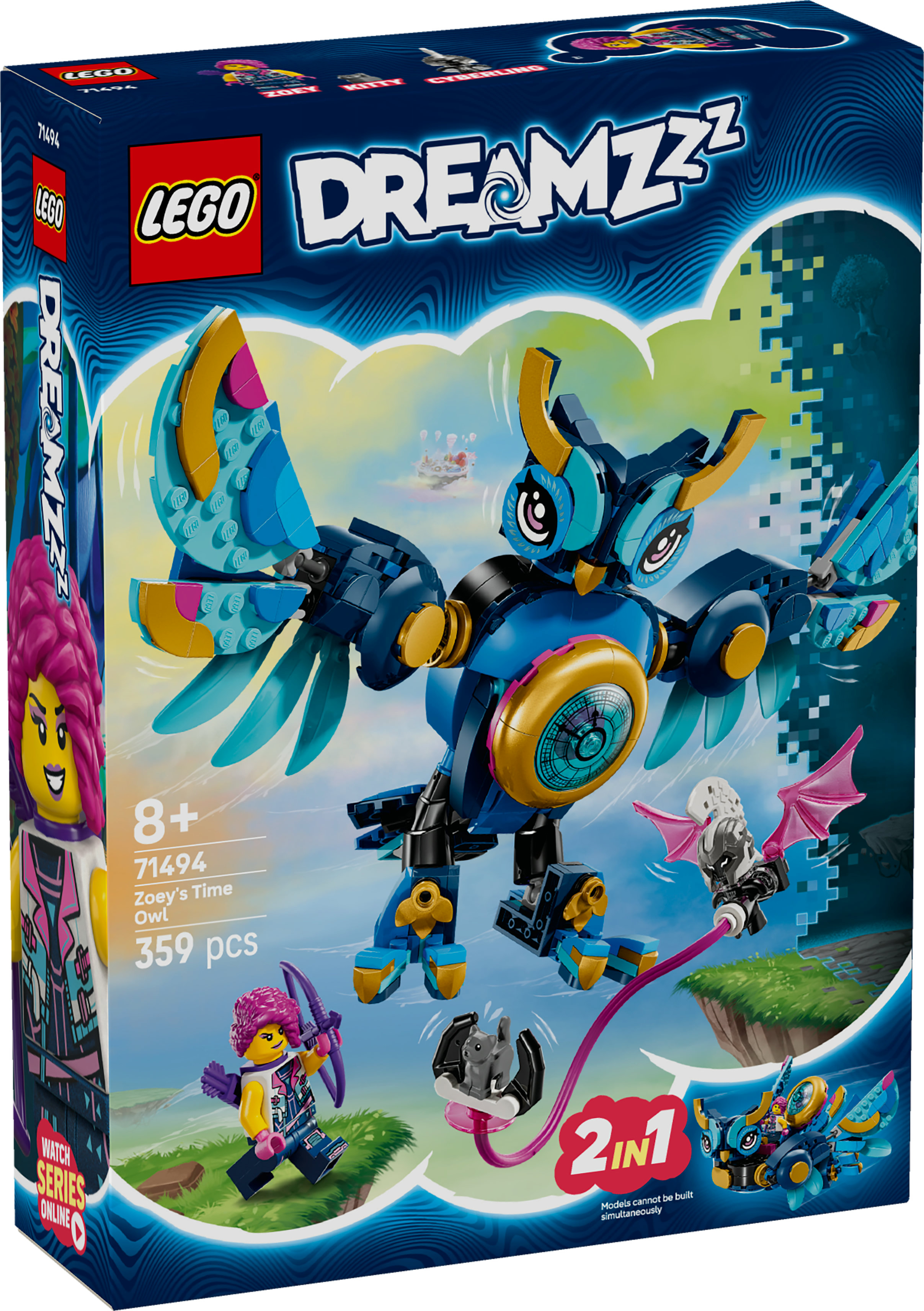 Lego Dreamzzz-doos. Blauwe uilrobot, Zoey-minifiguur met boog, andere figuren. 2-in-1-bouwoptie.