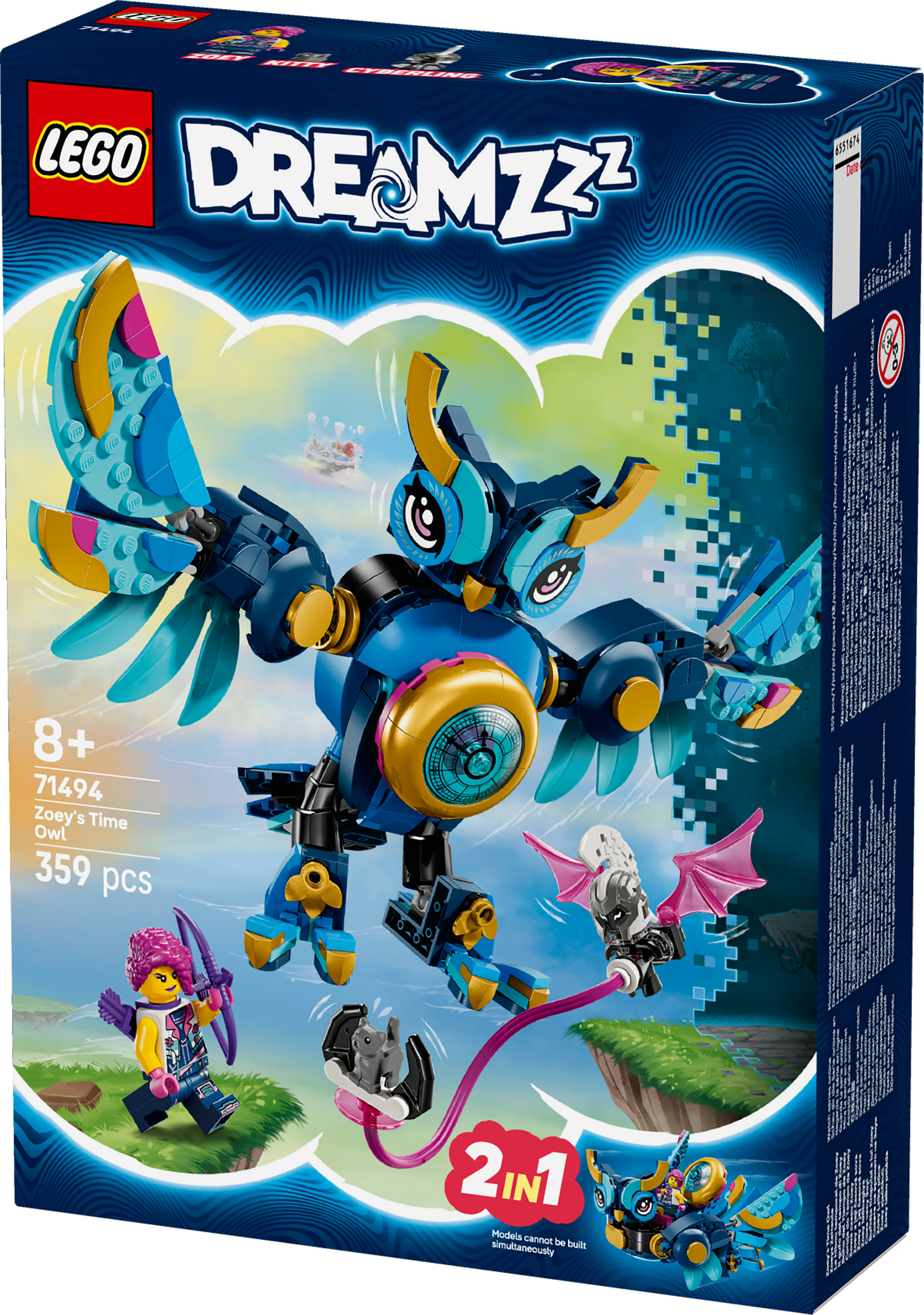 Een Lego Dreamzzz doos toont een blauwe uil, een minifiguur met pijl en boog en een vleermuis. Op de doos staat '2 in 1'.