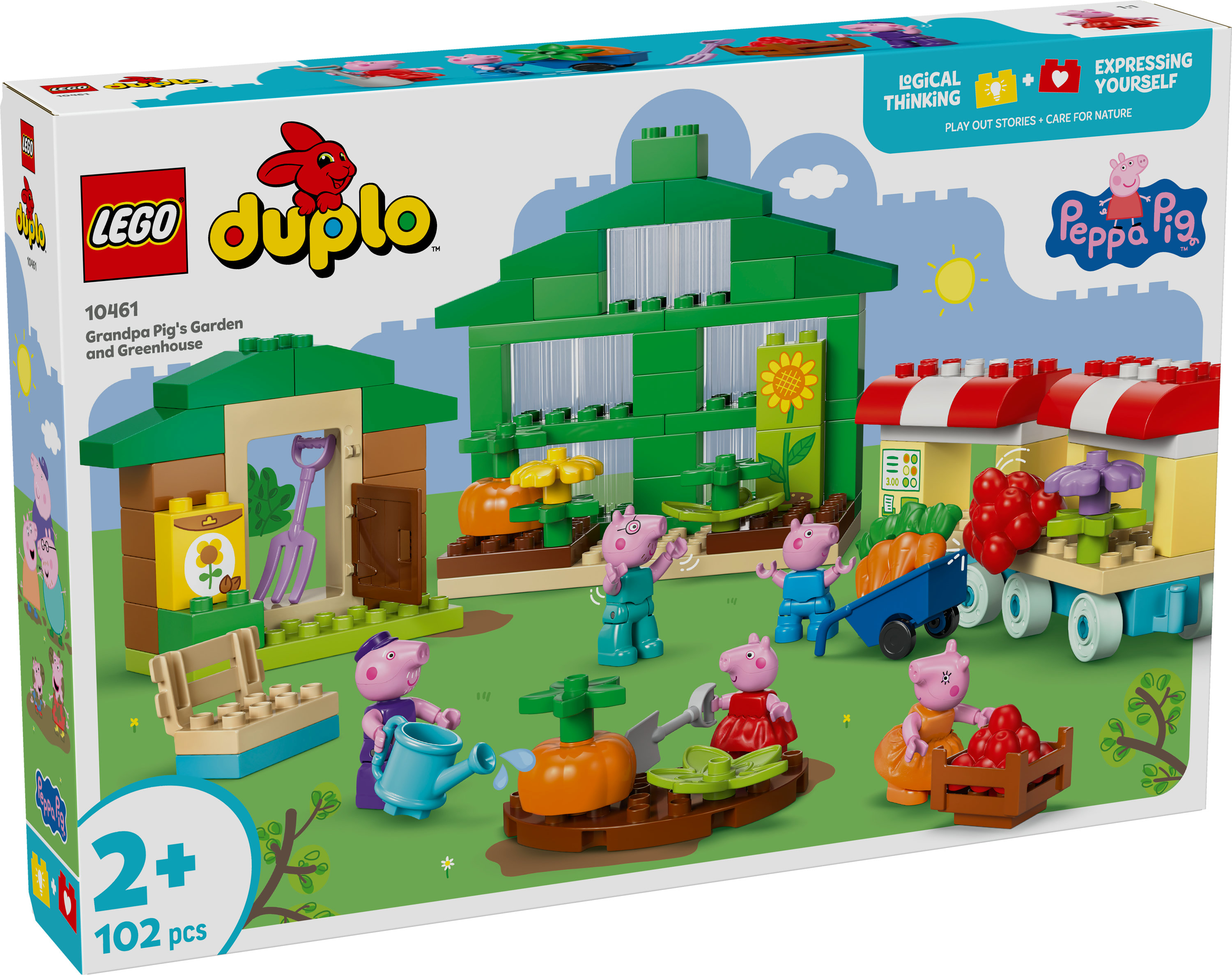Een Lego Duplo set met Peppa Pigs tuin en kas, met figuren, groenten en structuren.