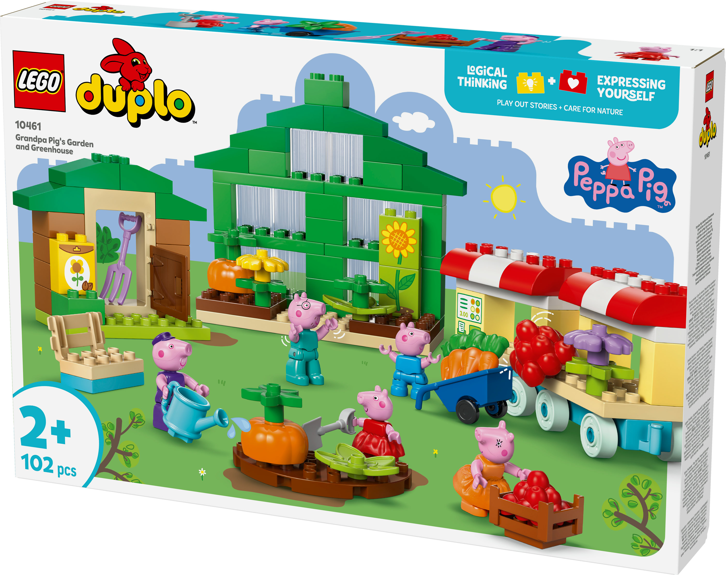 Lego Duplo set met Peppa Pig figuren, een kas, tuinelementen en een kar vol producten.
