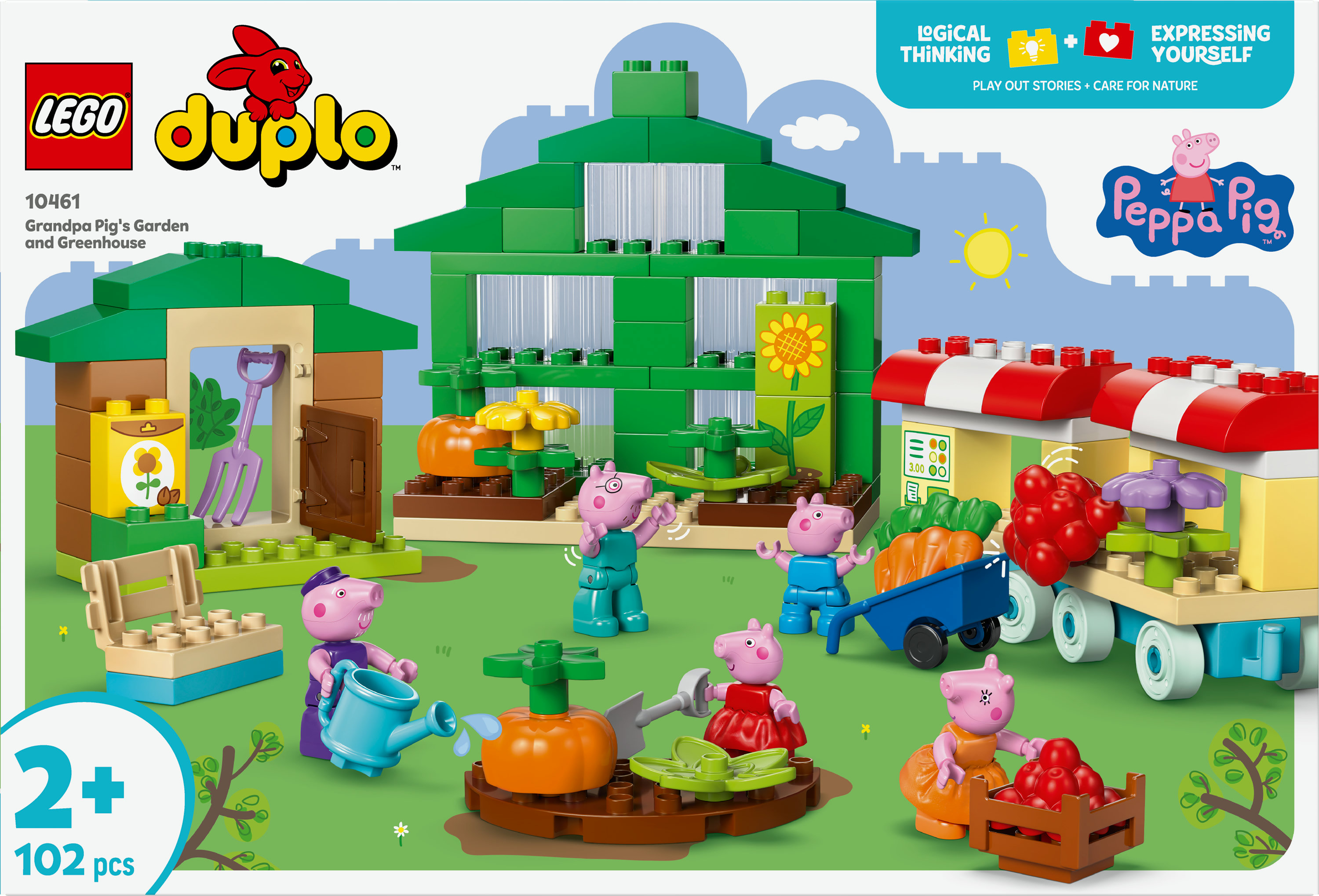 Lego Duplo-set met Peppa Pig-personages in de tuin. Inclusief kas, kar met groenten en varkens.