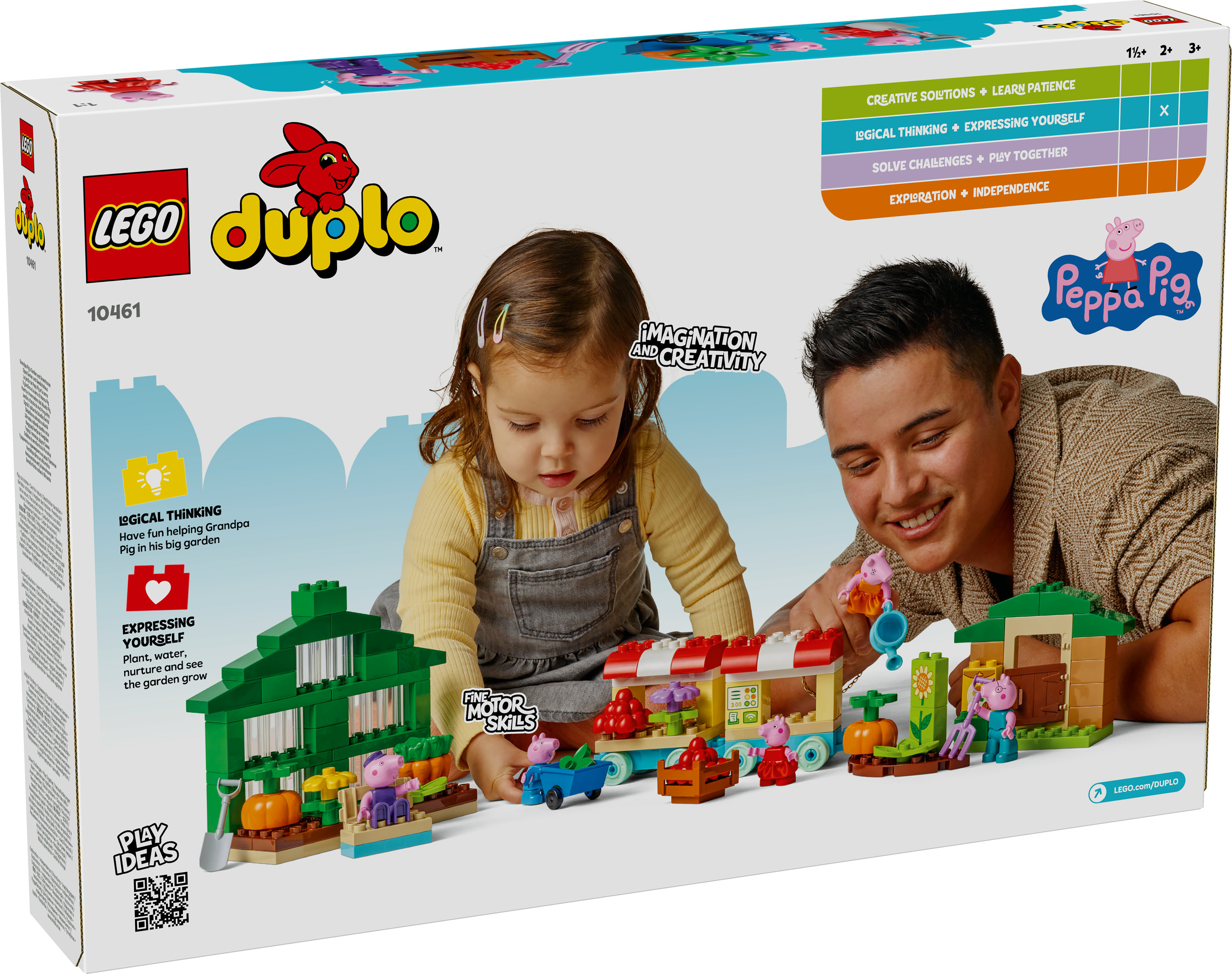 Een Lego Duplo-doos met een kind en een volwassene die met Lego-stukken spelen met Peppa Pig-personages.
