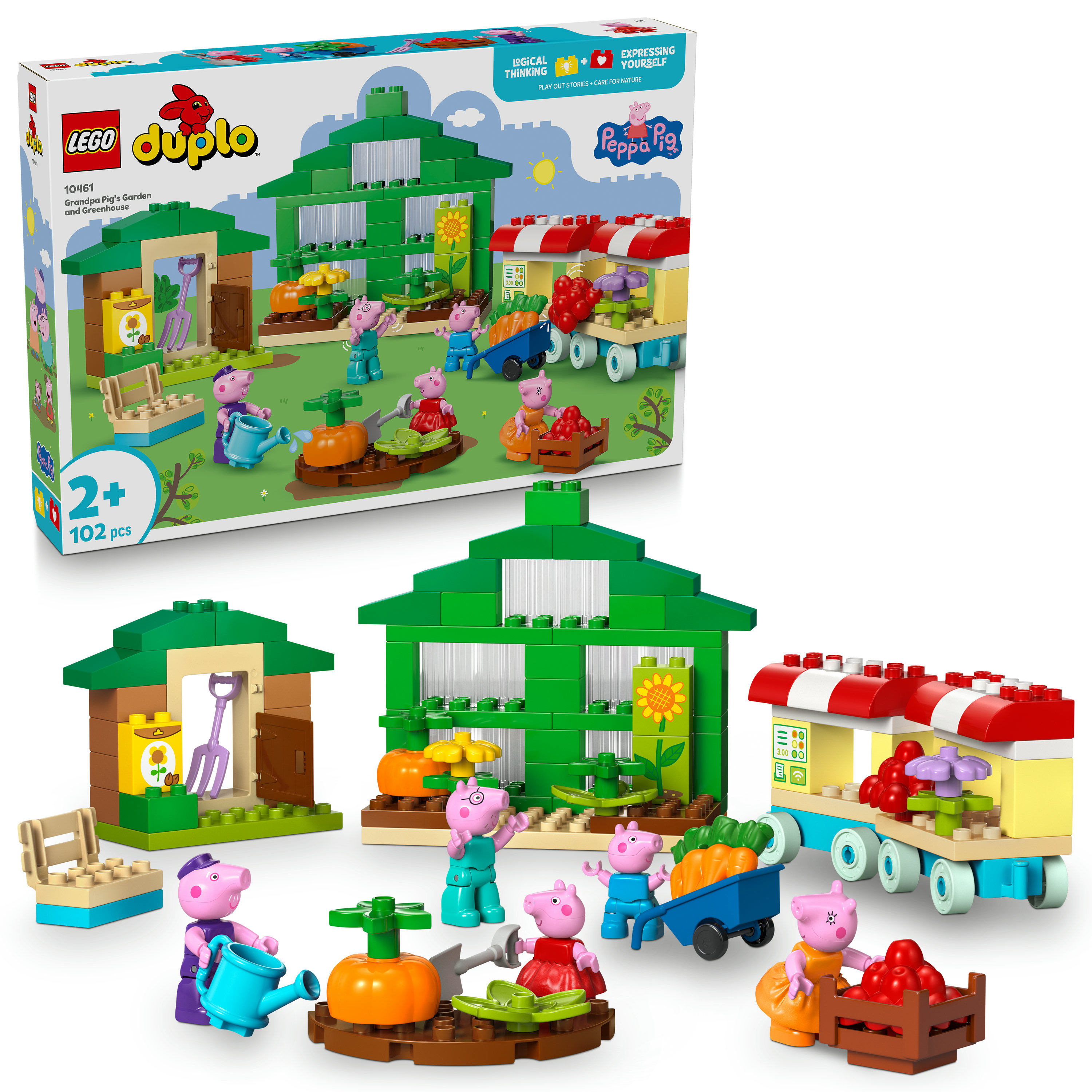 LEGO Duplo set met Peppa Pig-personages in een tuin, met kassen, gewassen en figuren.