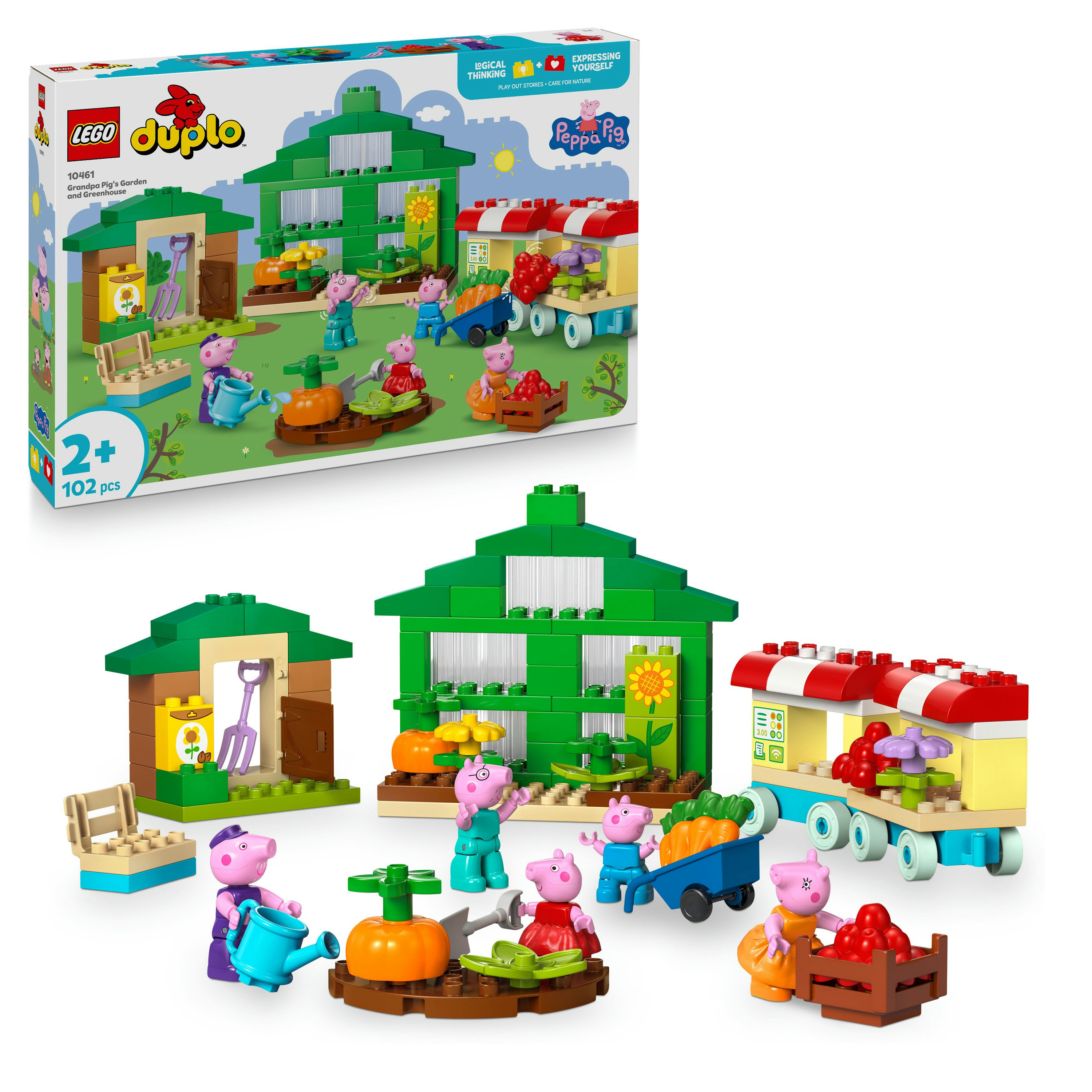 Lego Duplo set met Peppa Pig-personages in een tuin met een kas, groenten en een marktkraam.