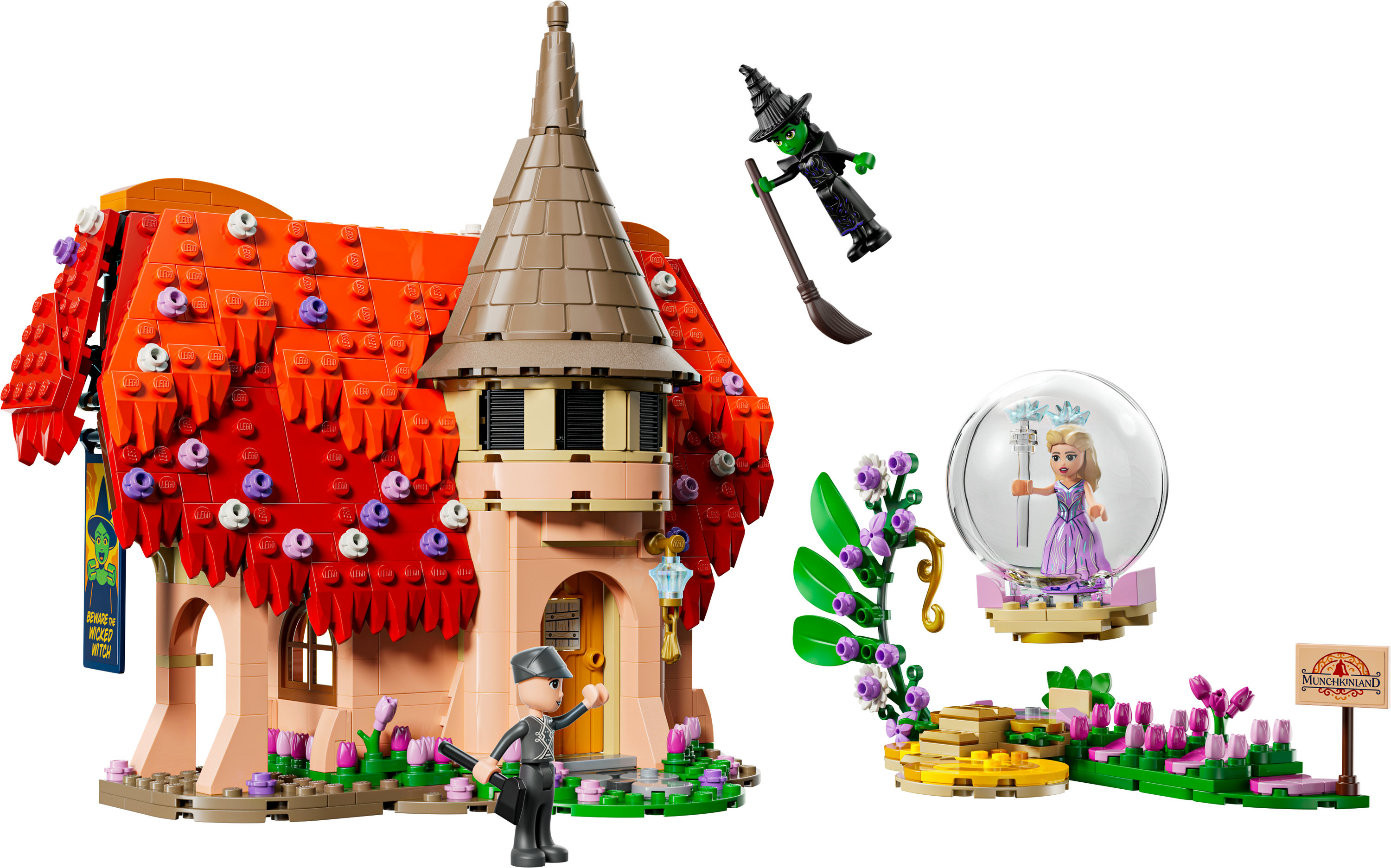 Lego-Set mit einem Haus, der bösen Hexe, einer Schneekugel mit Glinda und einem Munchkinland-Schild.