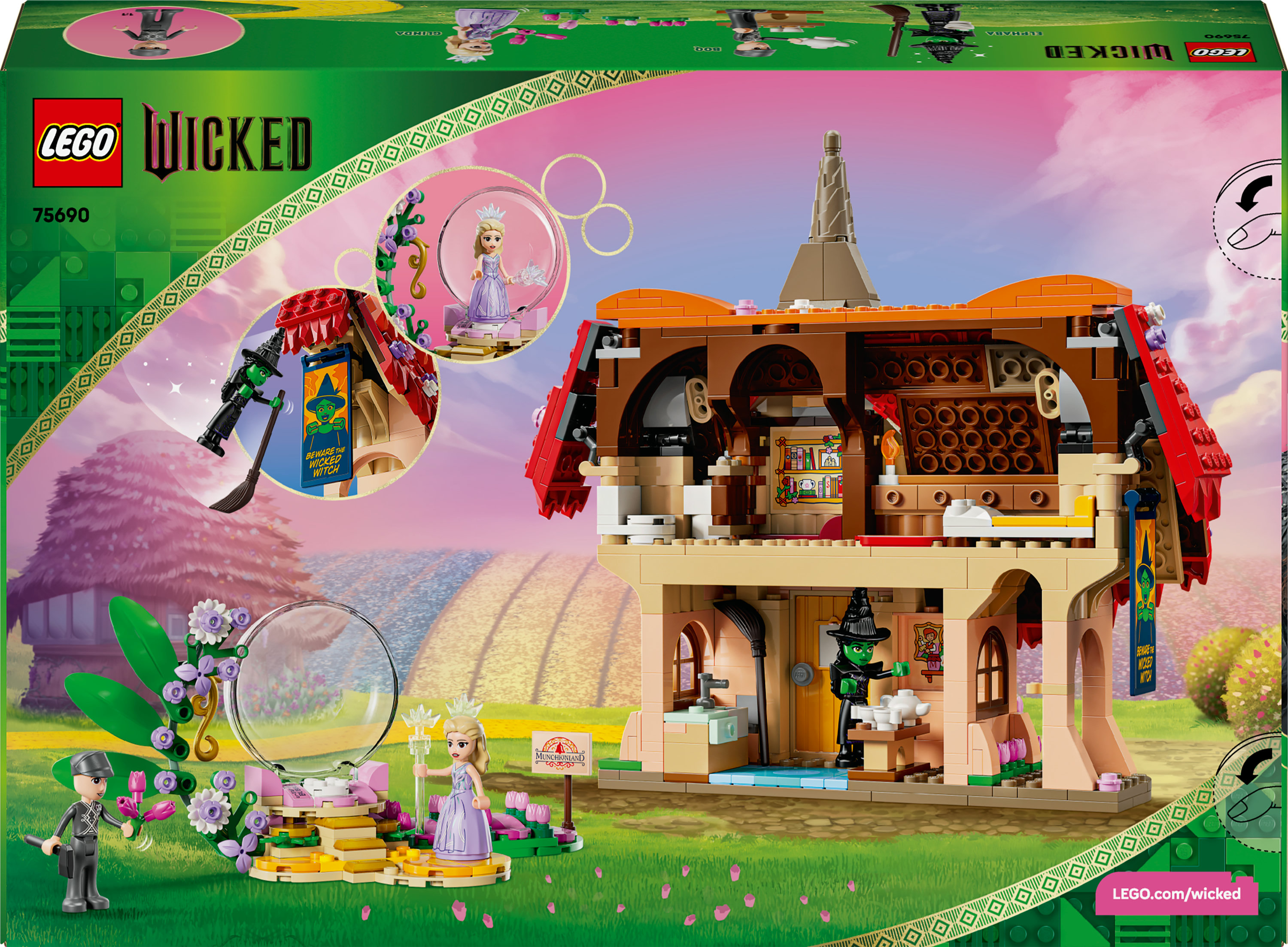 LEGO Wicked Set-Box. Enthält ein Haus mit Figuren von Glinda, Elphaba und anderen Charakteren in einer grünen Landschaft.