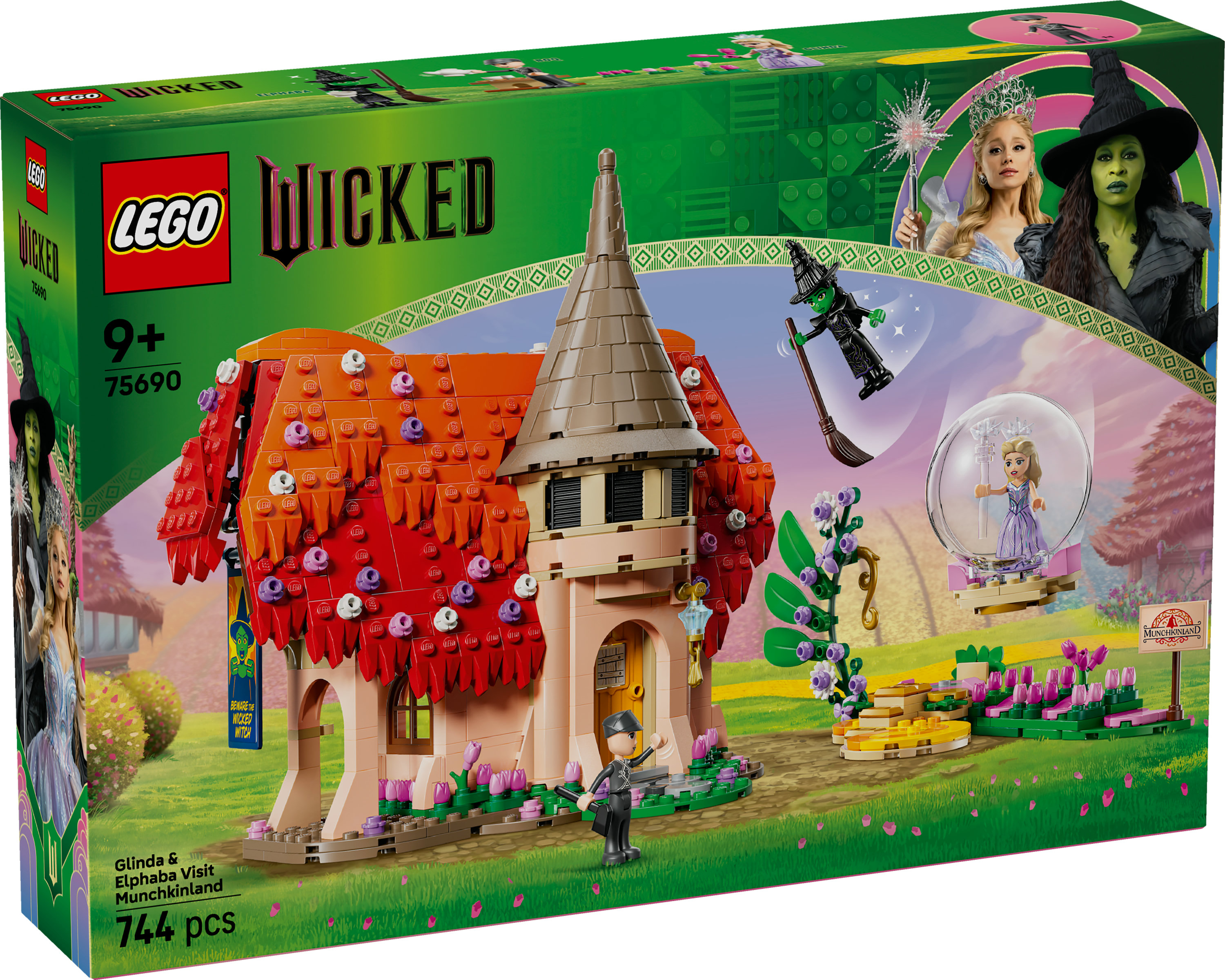 Ein Lego Wicked Set-Karton. Es zeigt ein Gebäude mit rotem Dach, Figuren und dem Wicked-Logo.