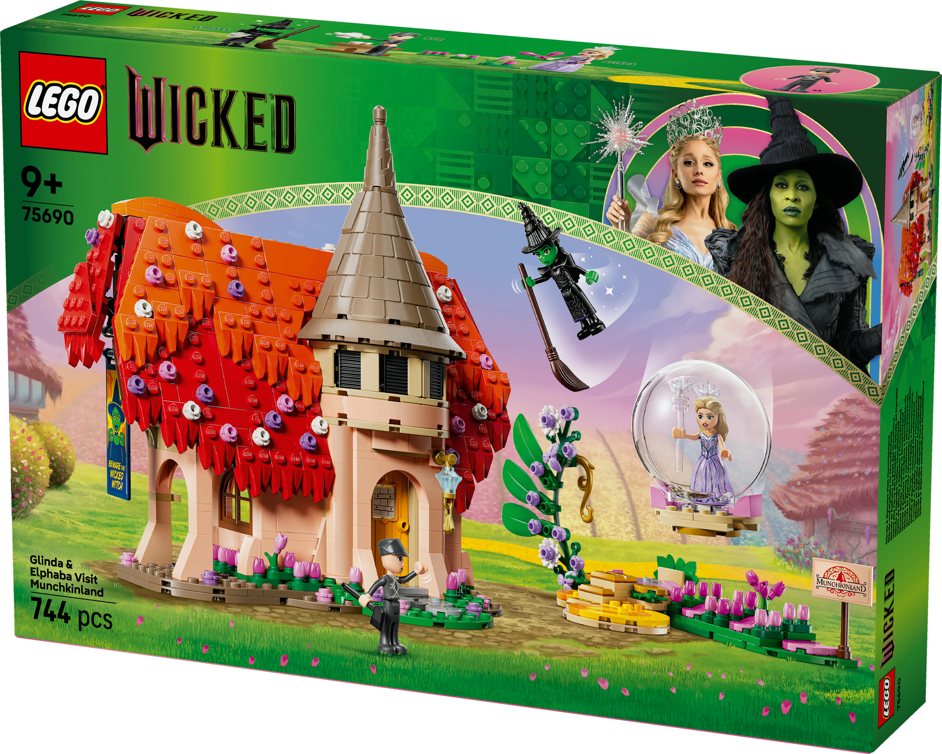 Lego-Box-Set für Wicked. Enthält ein Haus, Glinda- und Elphaba-Figuren und ein Munchkinland-Schild. Grünes und rosa Farbschema.