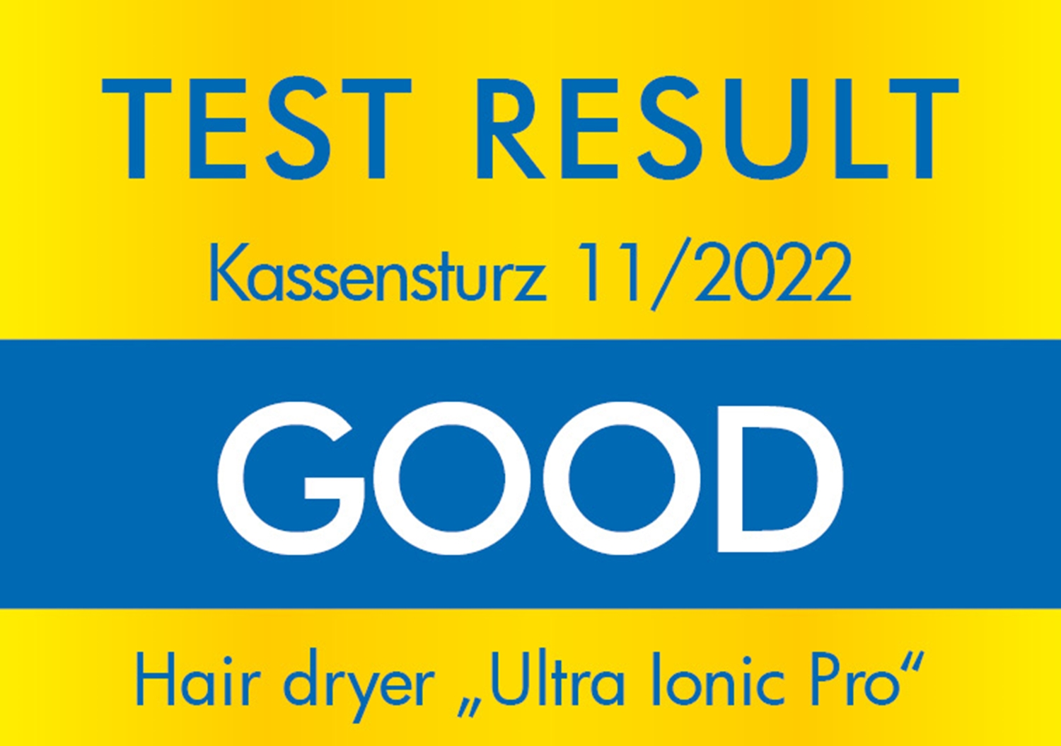 Grafika wyniku testu. Tekst brzmi 'TEST RESULT' i 'GOOD'. Produkt to suszarka do włosów. Tło jest żółte i niebieskie.