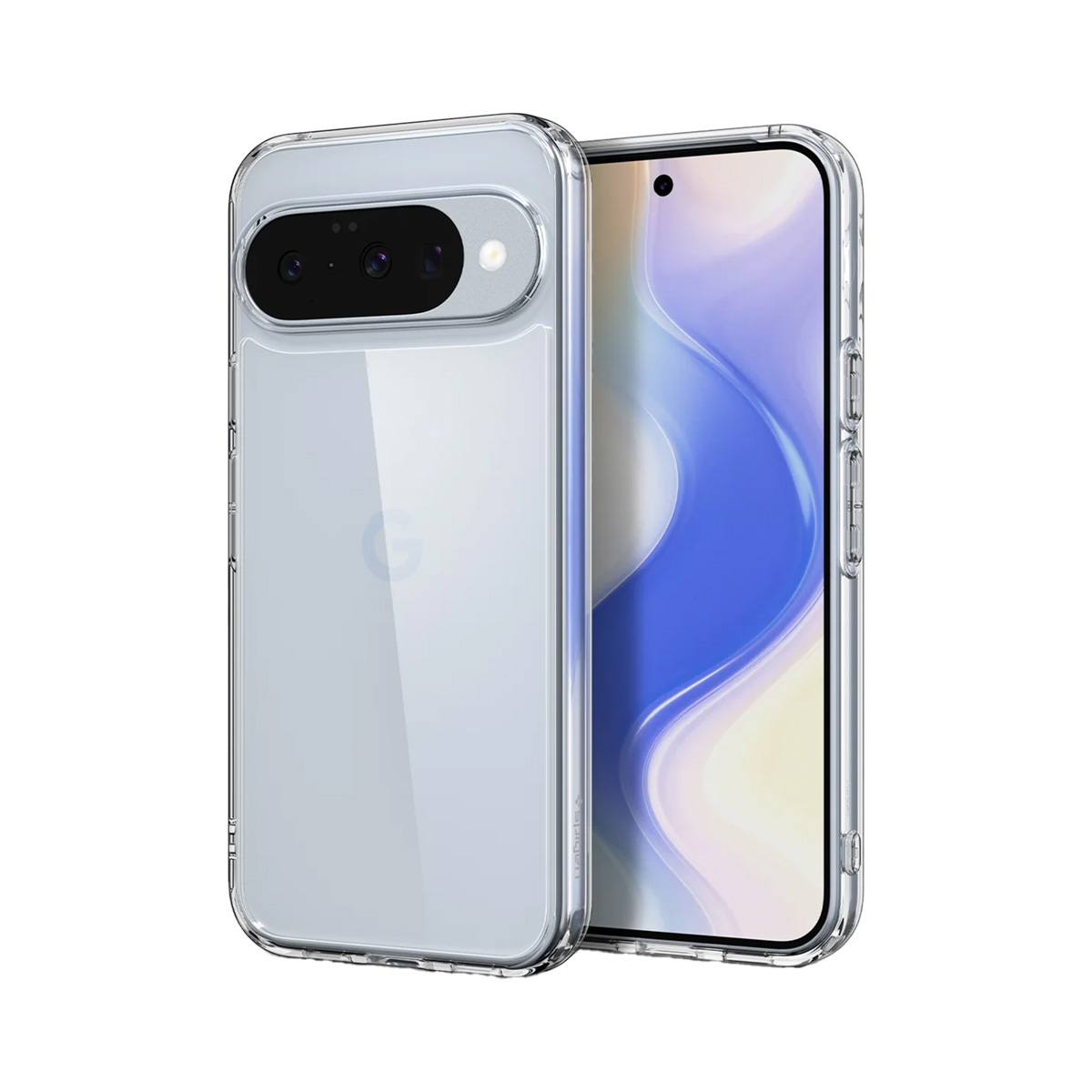 Twee doorzichtige telefoonhoesjes, één met een telefoon erin. De telefoon heeft een zwarte camerabalk en een witte achtergrond.