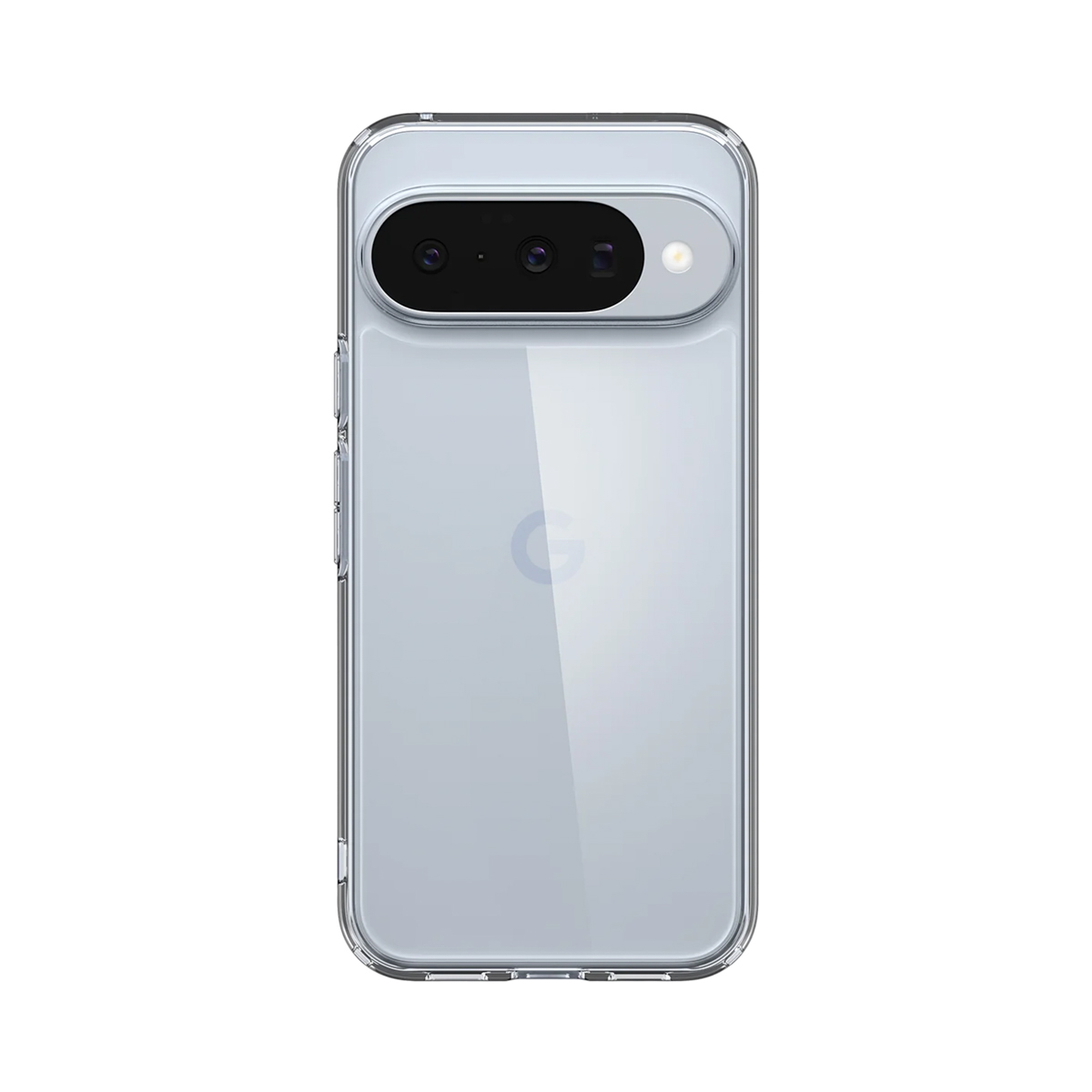 Transparante telefoonhoes op een lichtblauwe telefoon, met cameralenzen, flitser en Google-logo. De hoes is transparant.