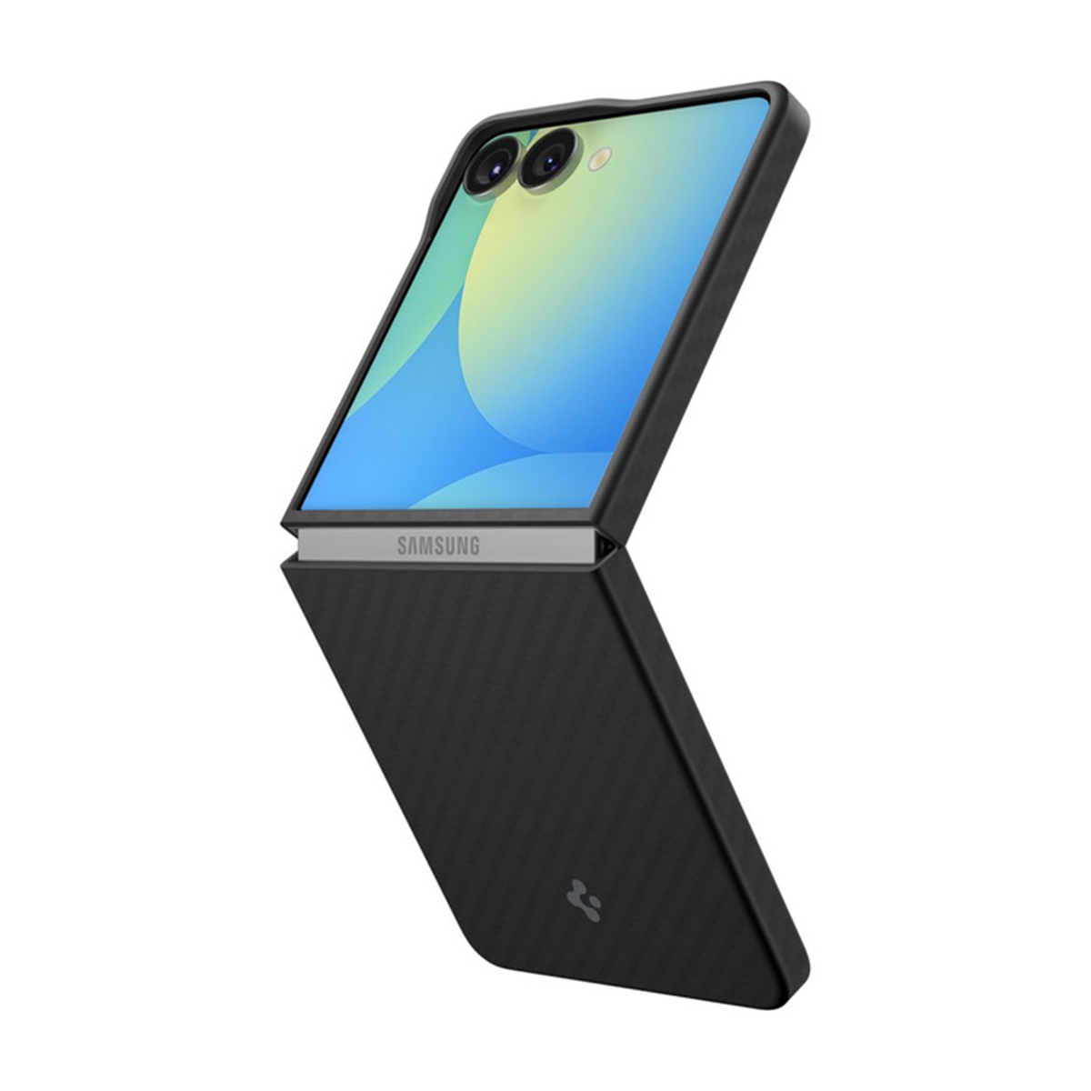 Telefono pieghevole Samsung nero, parzialmente aperto. Lo schermo mostra una sfumatura blu e gialla. Il marchio è visibile.