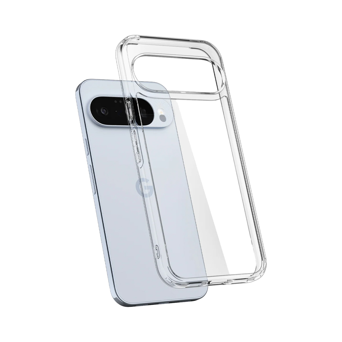 Een lichtblauwe smartphone met een doorzichtige hoes wordt getoond op een witte achtergrond. De hoes is gedeeltelijk van de telefoon verwijderd.