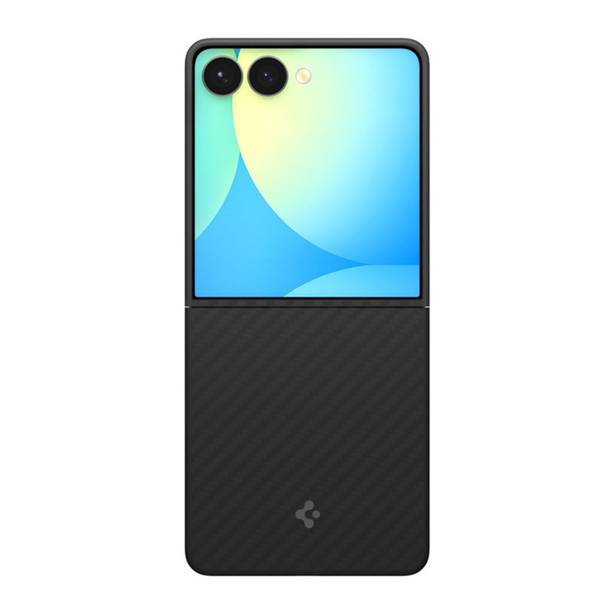 Smartphone pieghevole, custodia nera. La metà superiore mostra lenti della fotocamera e schermo con design blu e giallo. La metà inferiore è nera.