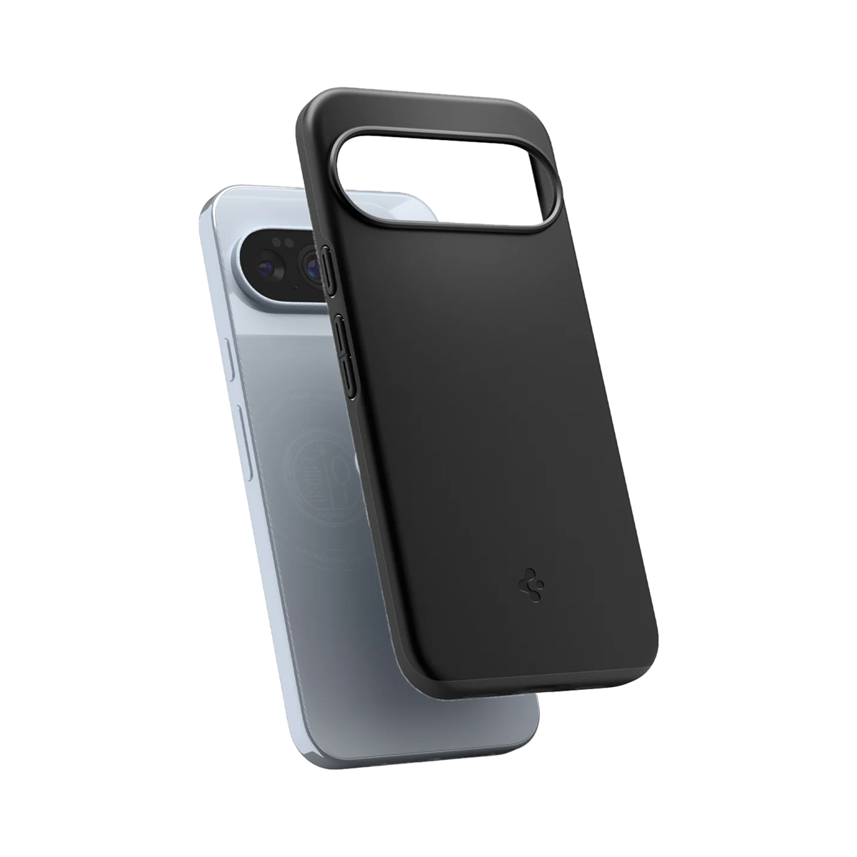 Schwarze Handyhülle über einem hellblauen Telefon. Die Hülle bedeckt das Telefon mit einem Ausschnitt für die Kamera und Knöpfe.