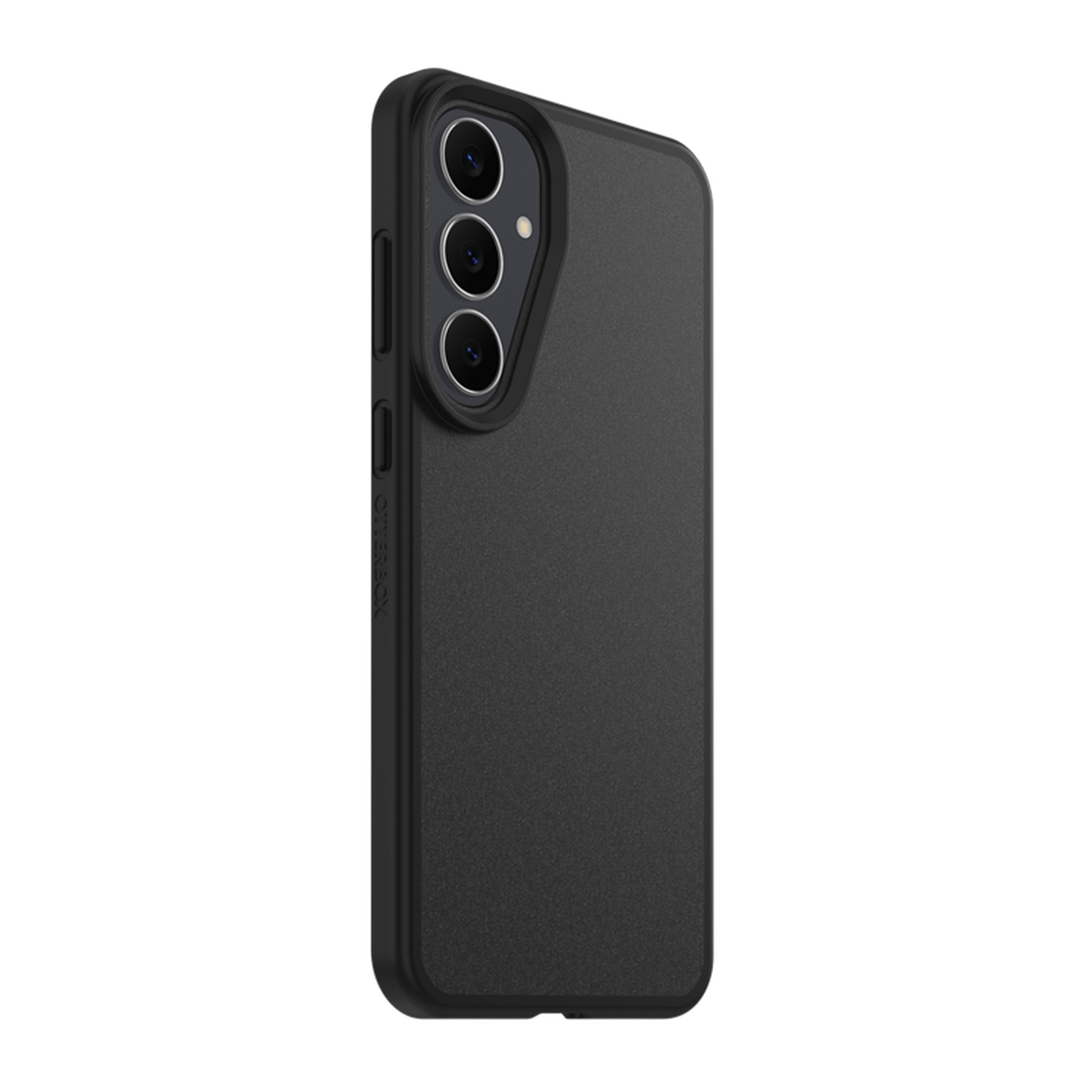 Custodia nera per telefono con tre obiettivi. La custodia ha una texture robusta e un telaio protettivo.
