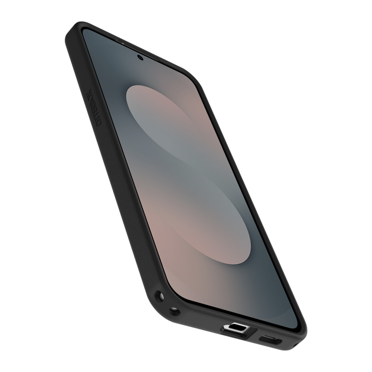 Un téléphone noir dans un étui, légèrement incliné. L'écran affiche une image floue de couleur claire. L'étui porte le logo Otterbox.