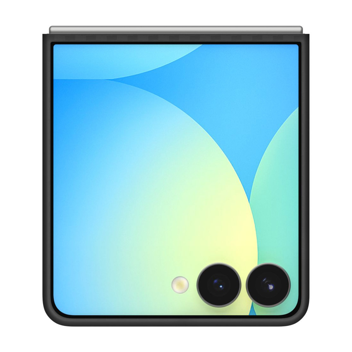Uno smartphone pieghevole, chiuso. Lo schermo mostra sfumature blu e gialle. Due lenti della fotocamera e un flash sono visibili in basso.