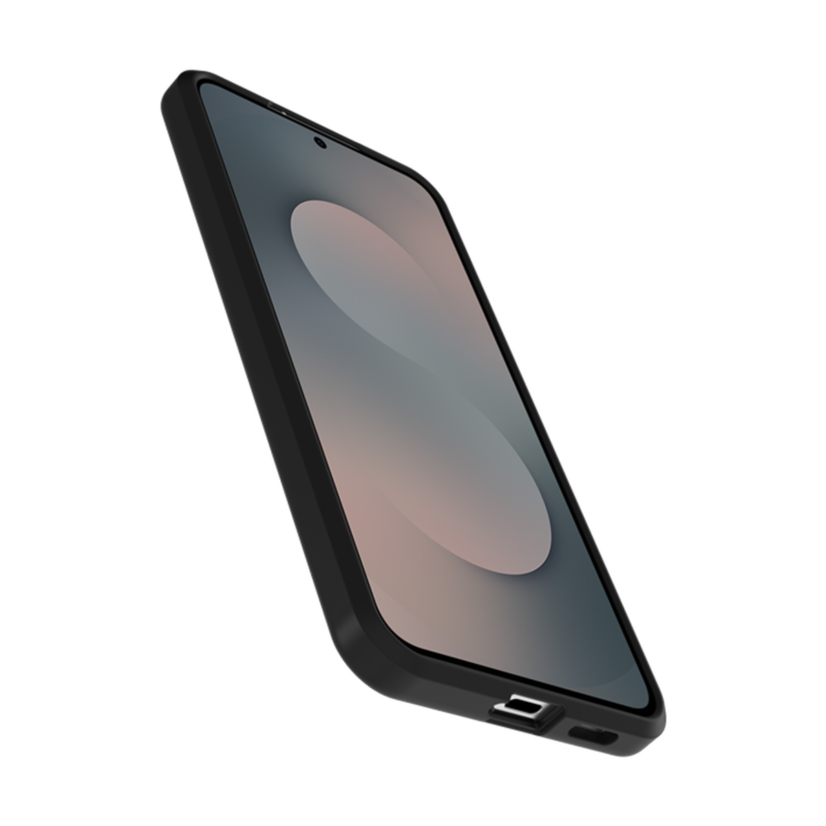 Uno smartphone nero con uno schermo che mostra un gradiente di grigio e beige. Il telefono è angolato e lo sfondo è bianco.