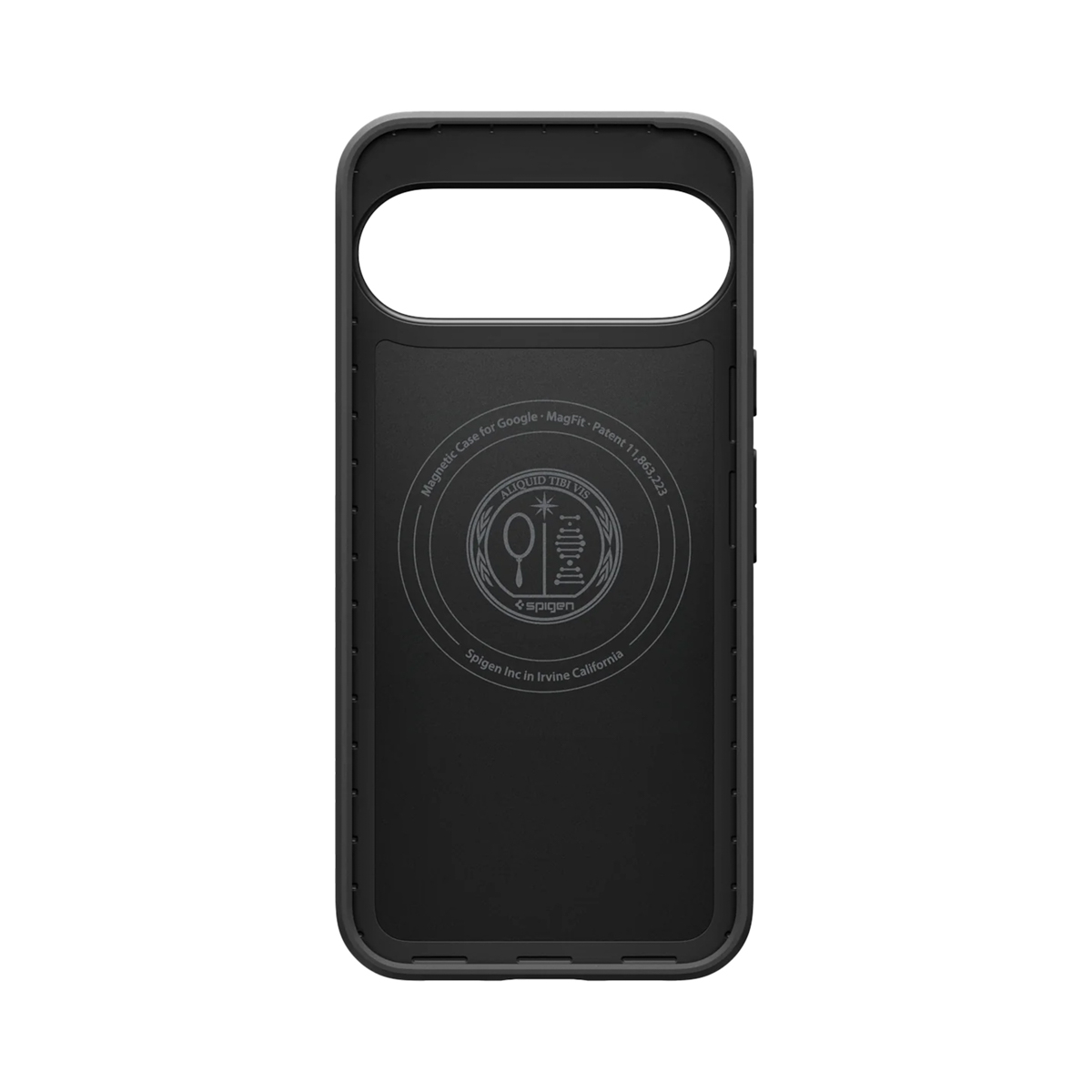 Eine schwarze Handyhülle mit Kameraausschnitt. Auf der Hülle befinden sich ein Logo und Text, darunter 'Spigen' und 'Magnetic Case for Google'.