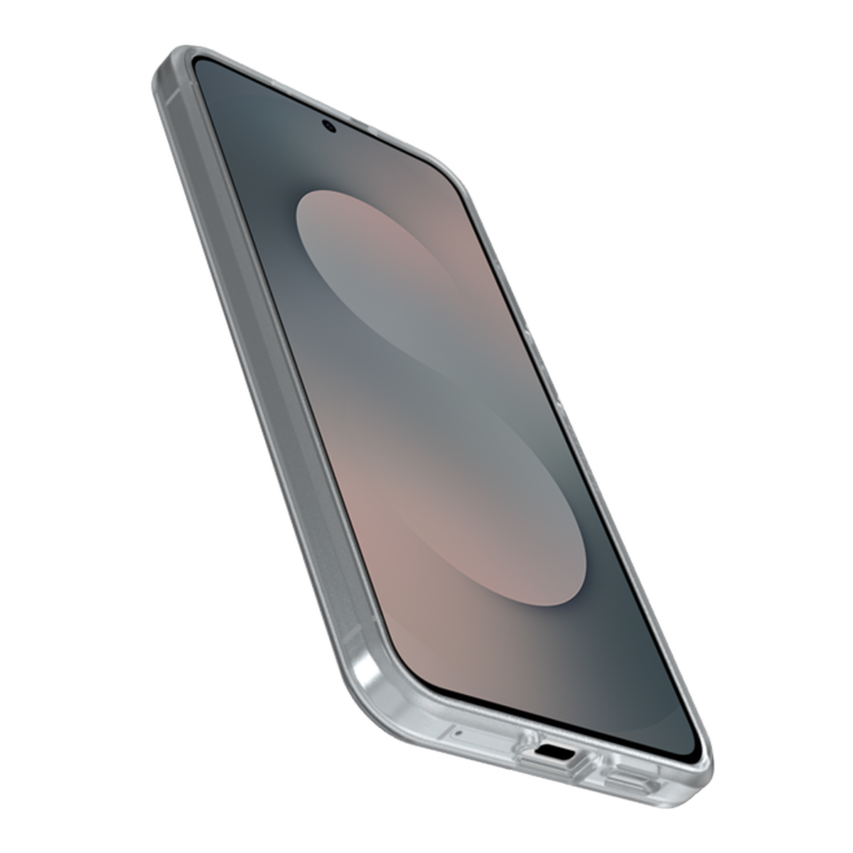 Uno smartphone in una custodia trasparente, leggermente inclinato verso l'alto. Lo schermo mostra una sfumatura attenuata. La custodia è trasparente con una cornice argentata.