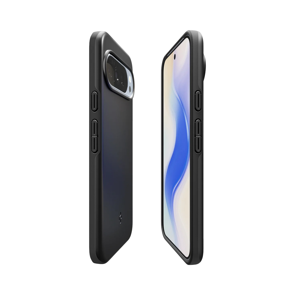 Zwei schwarze Handyhüllen. Eine zeigt die Kamera eines Telefons, die andere einen Bildschirm mit blauem und weißem Design.