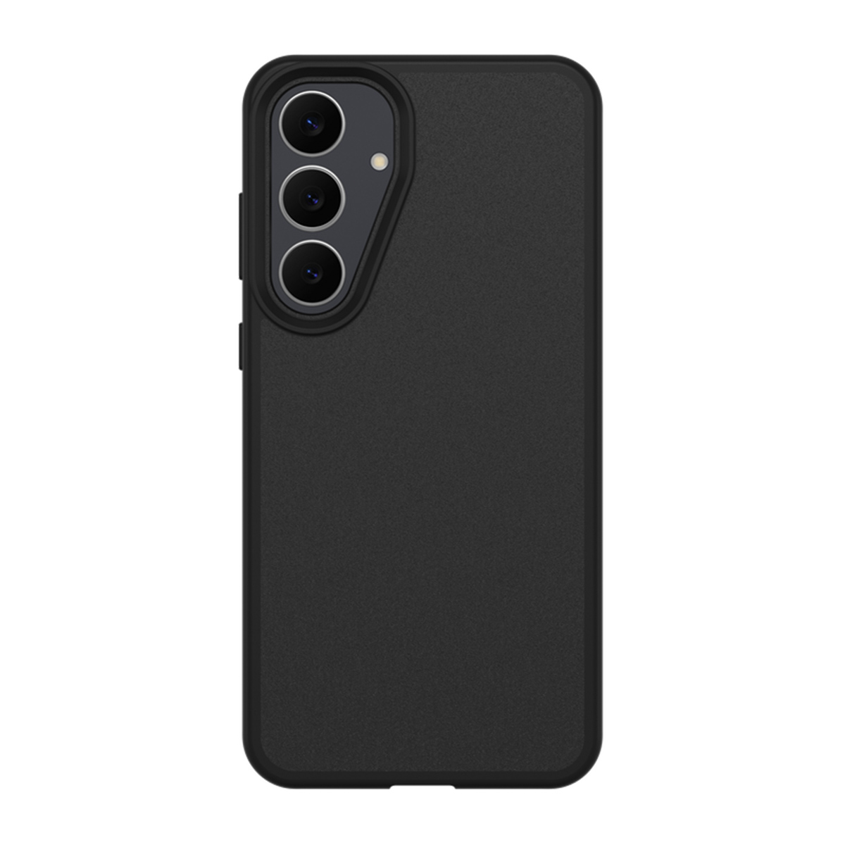 Una custodia nera per smartphone. Ha un modulo fotocamera con tre lenti e una texture liscia.