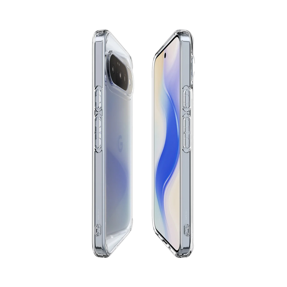 Er worden twee transparante telefoonhoesjes getoond, één met de camera en de andere met het scherm, beide tonen de zijknoppen van de telefoon.