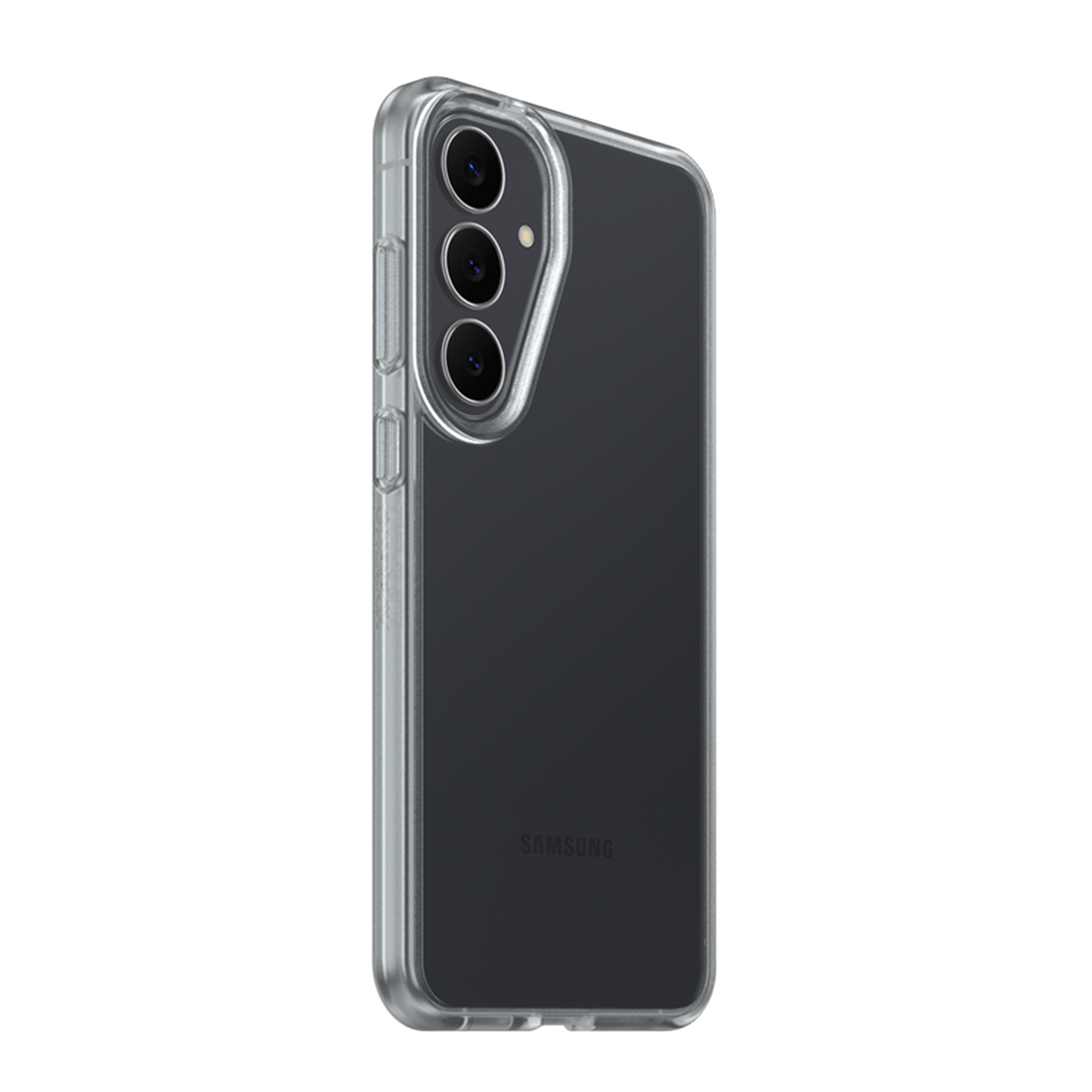 Una custodia trasparente per telefono su un telefono scuro. Il telefono ha tre obiettivi. Il logo Samsung è visibile in basso.
