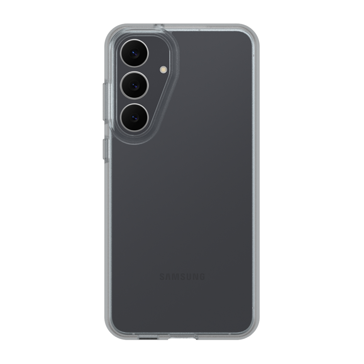 Uno smartphone Samsung in una custodia protettiva trasparente. Il telefono ha tre obiettivi e il logo Samsung è visibile.