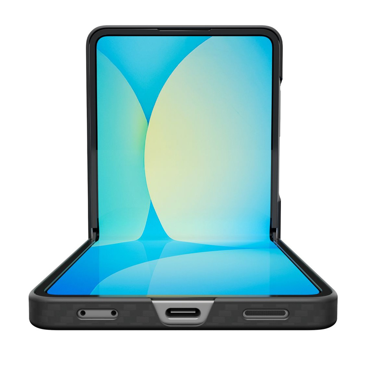 Uno smartphone piegato è aperto, mostrando uno schermo con sfumature blu e gialle. Il telefono è nero con una porta USB-C.