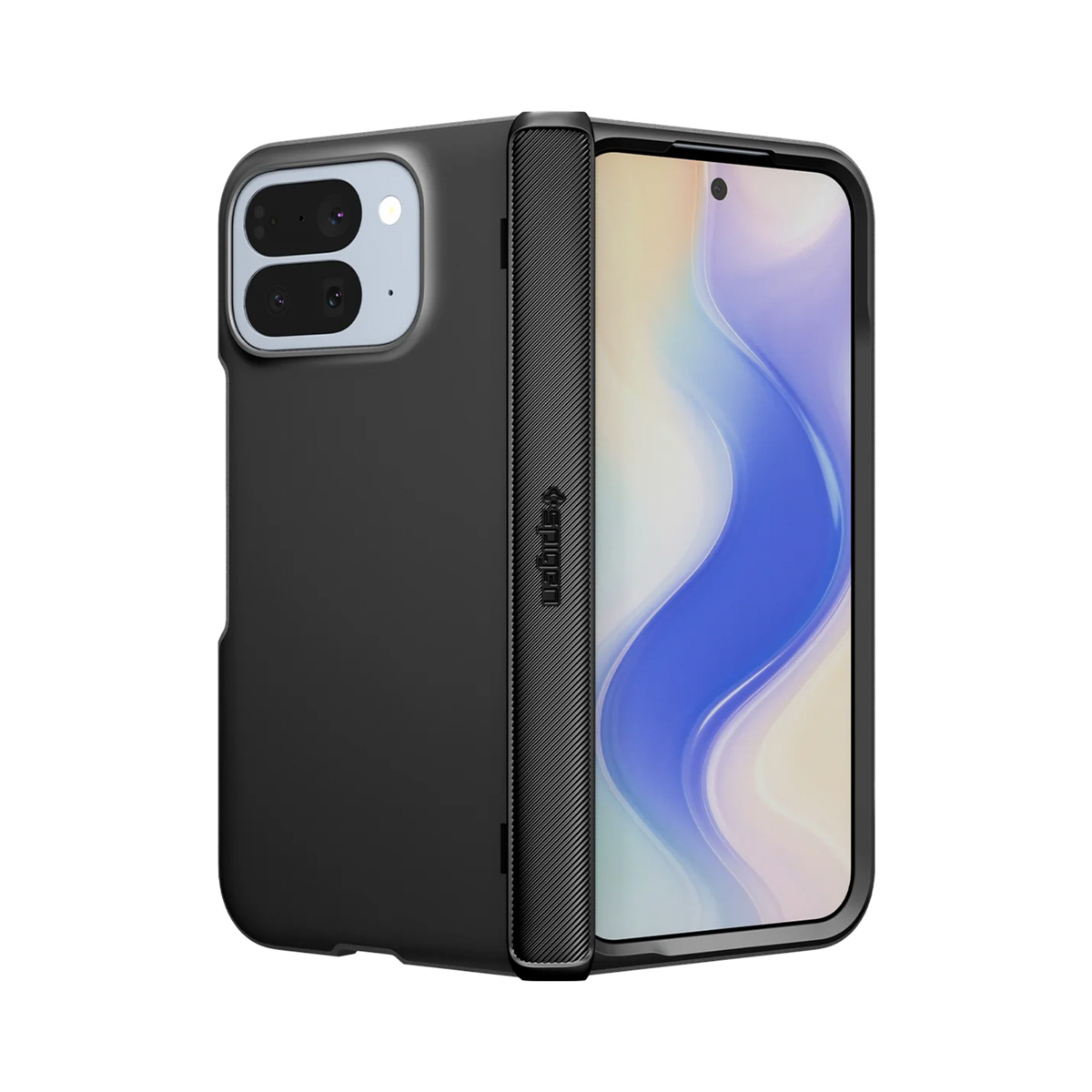 Zwarte telefoonhoes met een getextureerde zijkant, gedeeltelijk open, toont het scherm. Het Spigen-logo is zichtbaar.