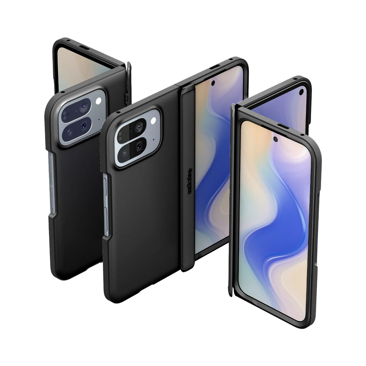Vier zwarte telefoonhoesjes met schermen, die verschillende weergaven laten zien. De schermen tonen een blauw-wit ontwerp en de hoesjes hebben camera-uitsparingen.