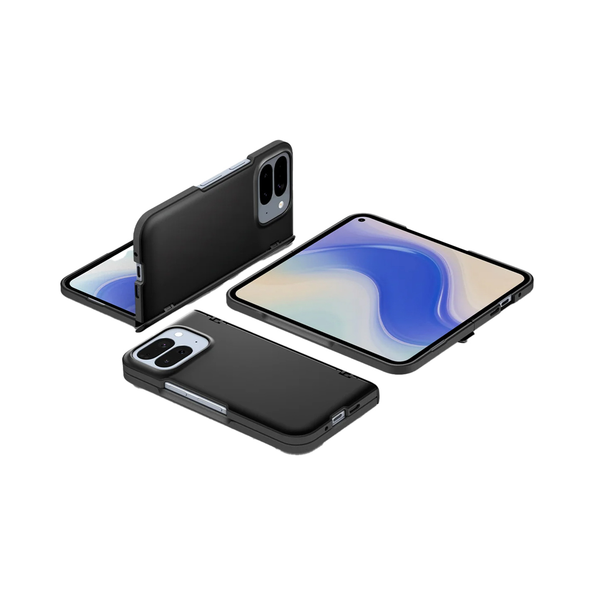 Drie zwarte telefoonhoesjes, onder verschillende hoeken weergegeven op een witte achtergrond. Elke hoes toont een telefoonscherm.