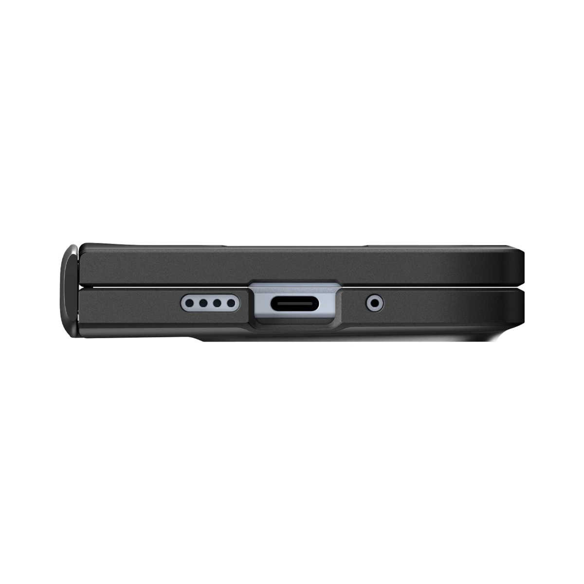 Close-up van een donkergrijze telefoonhoes. Het heeft een USB-C-poort, een cirkel en vier kleine cirkels.