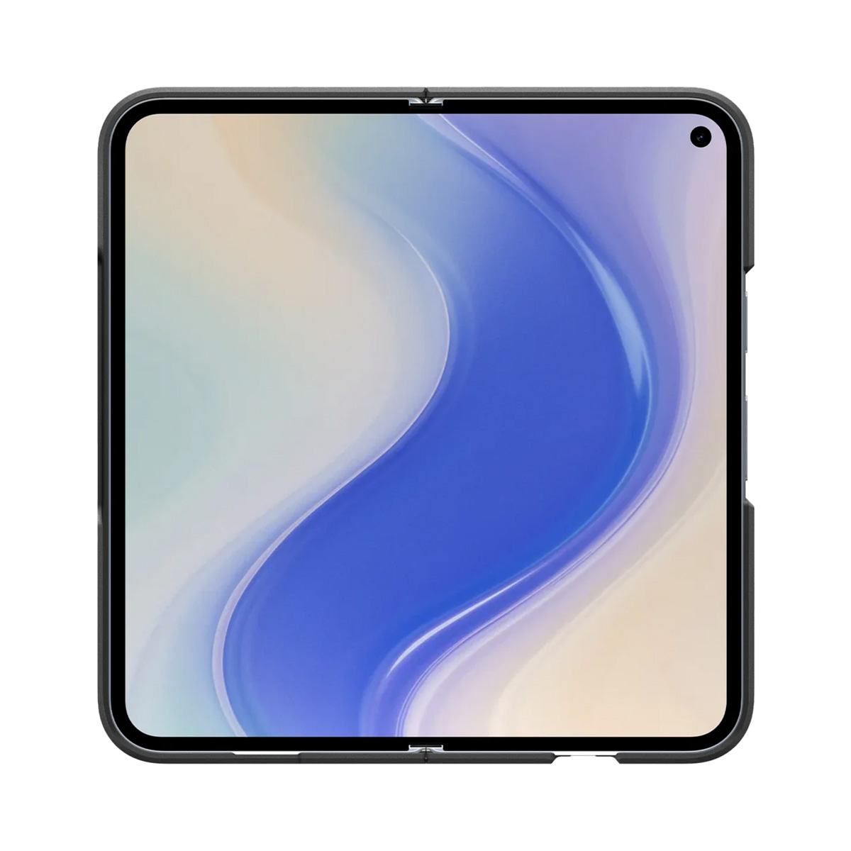 Een opvouwbare tablet met een gebogen blauw en wit scherm. De tablet heeft een zwart frame met een camerastip bovenaan.