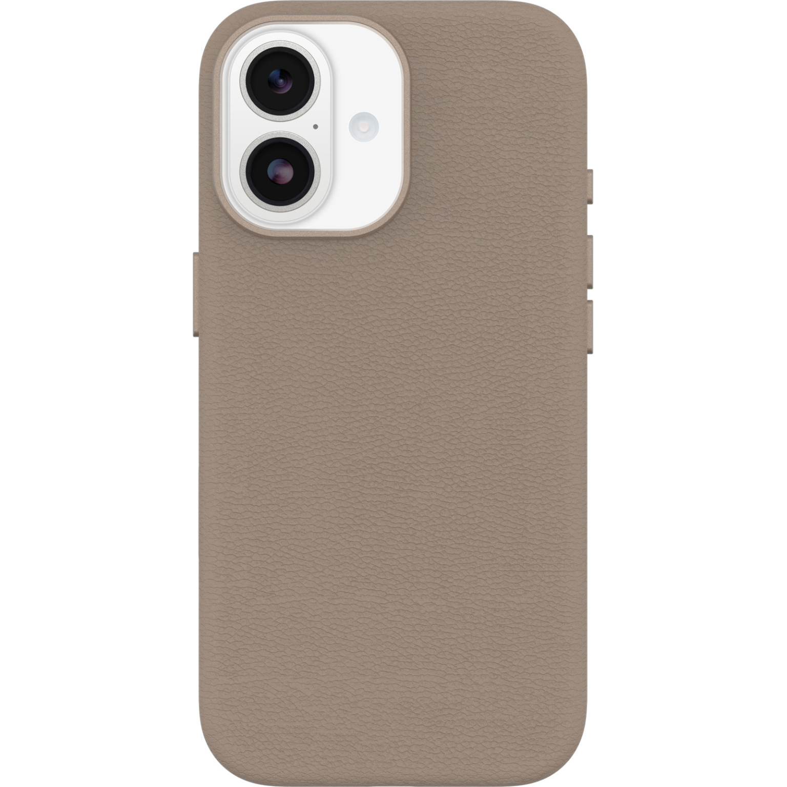Una custodia per telefono color talpa con lenti della fotocamera. La custodia ha una superficie strutturata.