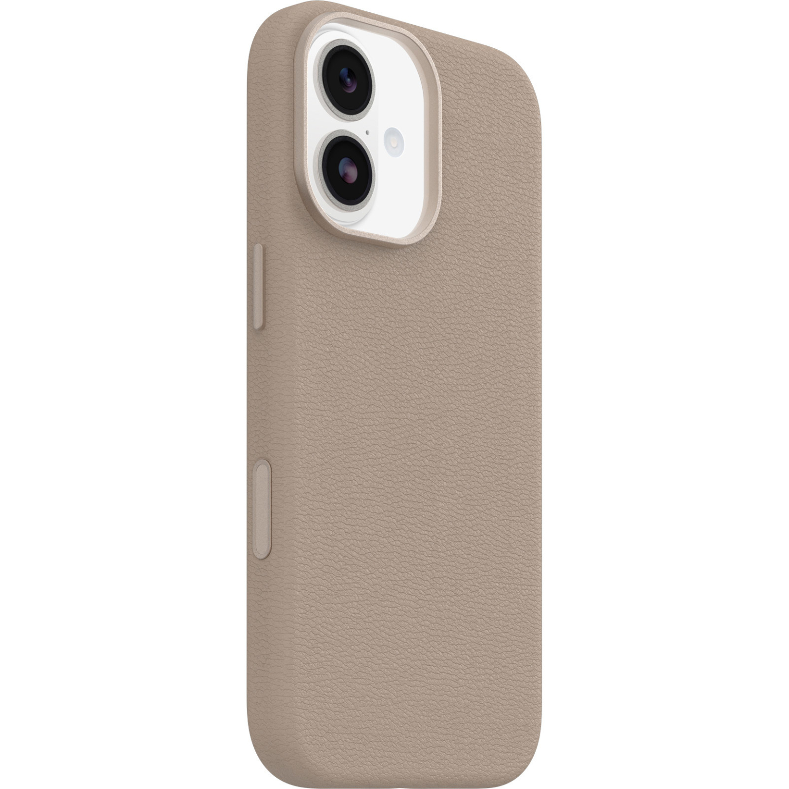 Una custodia per telefono con superficie strutturata. Ha un ritaglio per la fotocamera con due lenti. La custodia è beige.