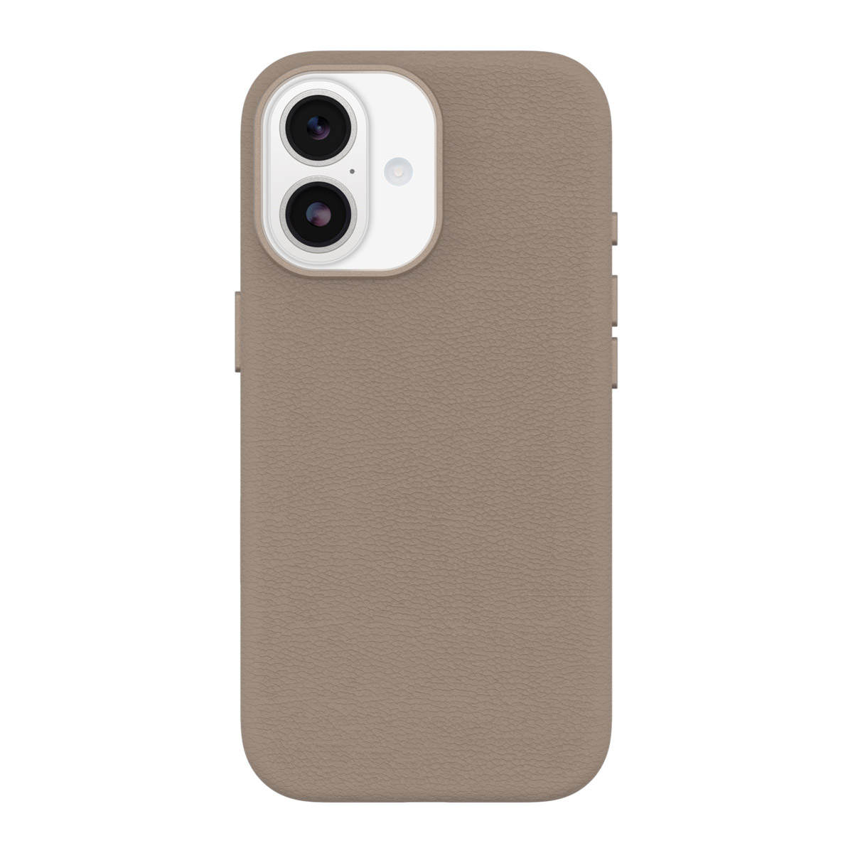 Una custodia per telefono color beige con un modulo fotocamera bianco con due lenti. La custodia ha una superficie strutturata.