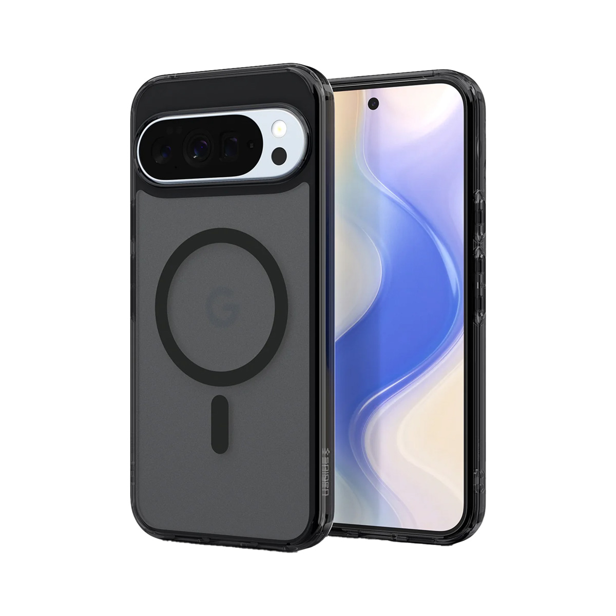 Een smartphone in een zwarte hoes wordt getoond. De hoes heeft een cirkelvormig ontwerp met een magnetische ring.