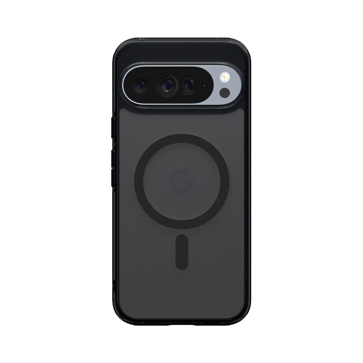 Een zwarte telefoonhoes voor een Google Pixel. Het heeft een uitsparing voor de camera, een magnetische cirkel en een kleine verticale lijn.