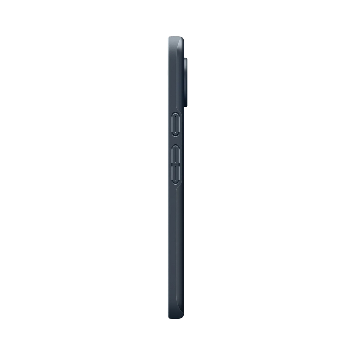 Seitenansicht einer dunkelblauen Smartphone-Hülle. Lautstärke- und Ein-/Aus-Taste sind sichtbar. Isoliert auf weißem Hintergrund.