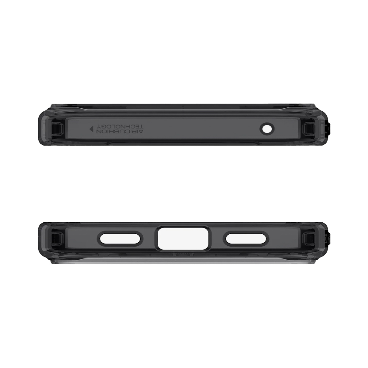 Twee zwarte telefoonhoesjes, de ene boven de andere, tegen een witte achtergrond. Elk heeft openingen voor poorten en knoppen.