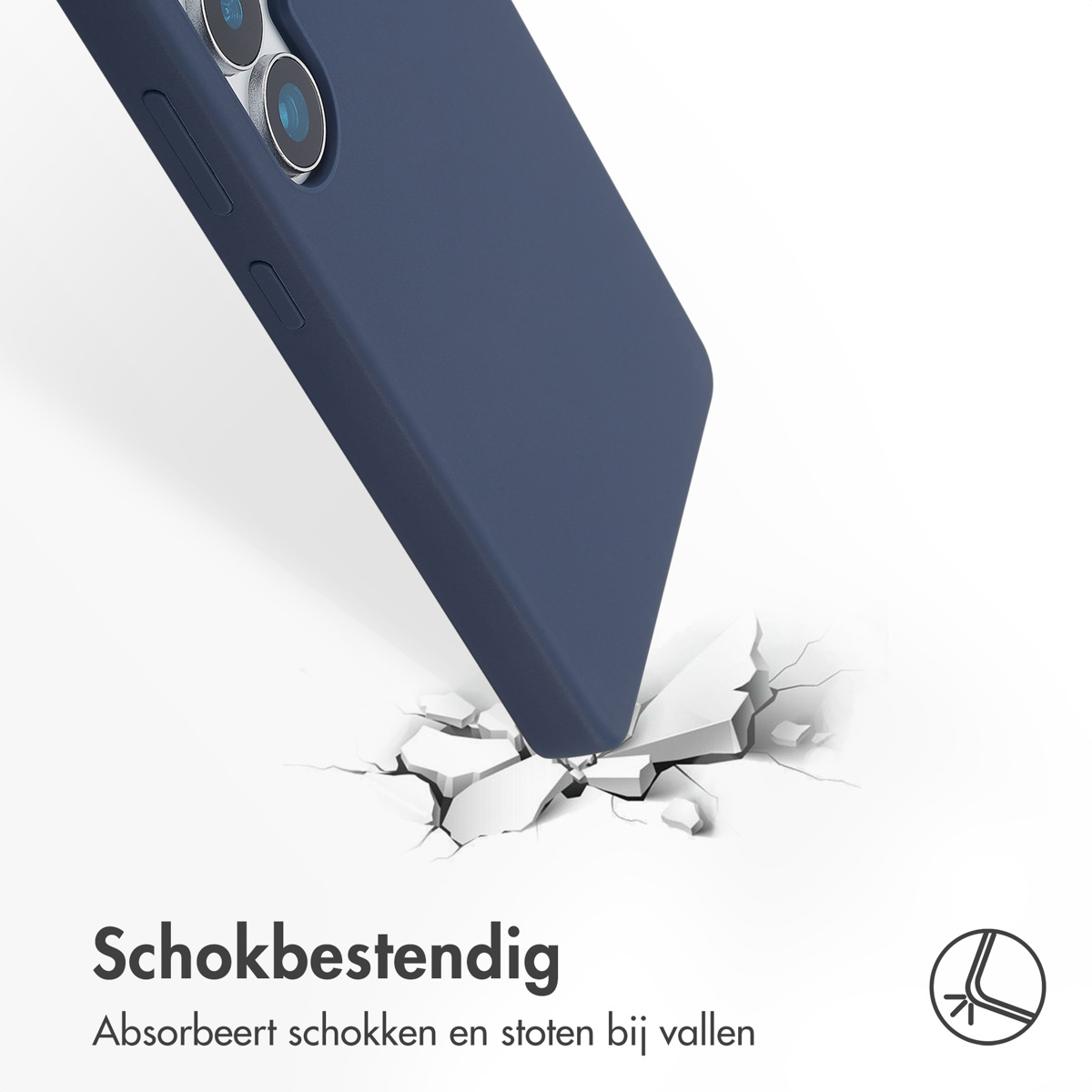 Een marineblauwe telefoonhoes lijkt te vallen en breekt een oppervlak eronder. De tekst luidt 'Schokbestendig'.